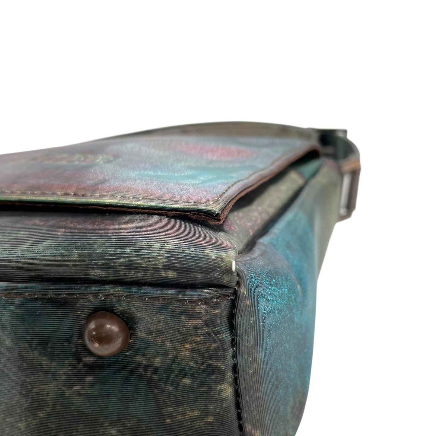 Authentic Jean Paul Gaultier V-Cyber Shoulder Bag Iridescent Green PVC Leather Bronze Hardware Unisex