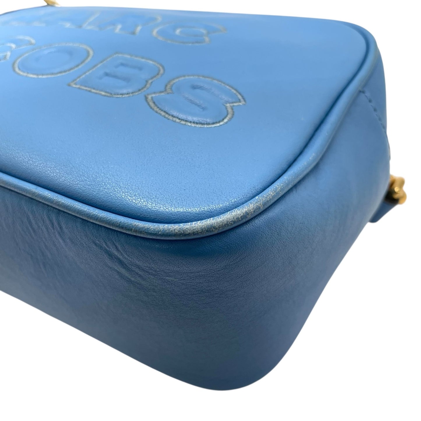 Authentic MARC JACOBS Flash Leather Crossbody Camera Bag Blue Leather Gold Hardware Women's Logo