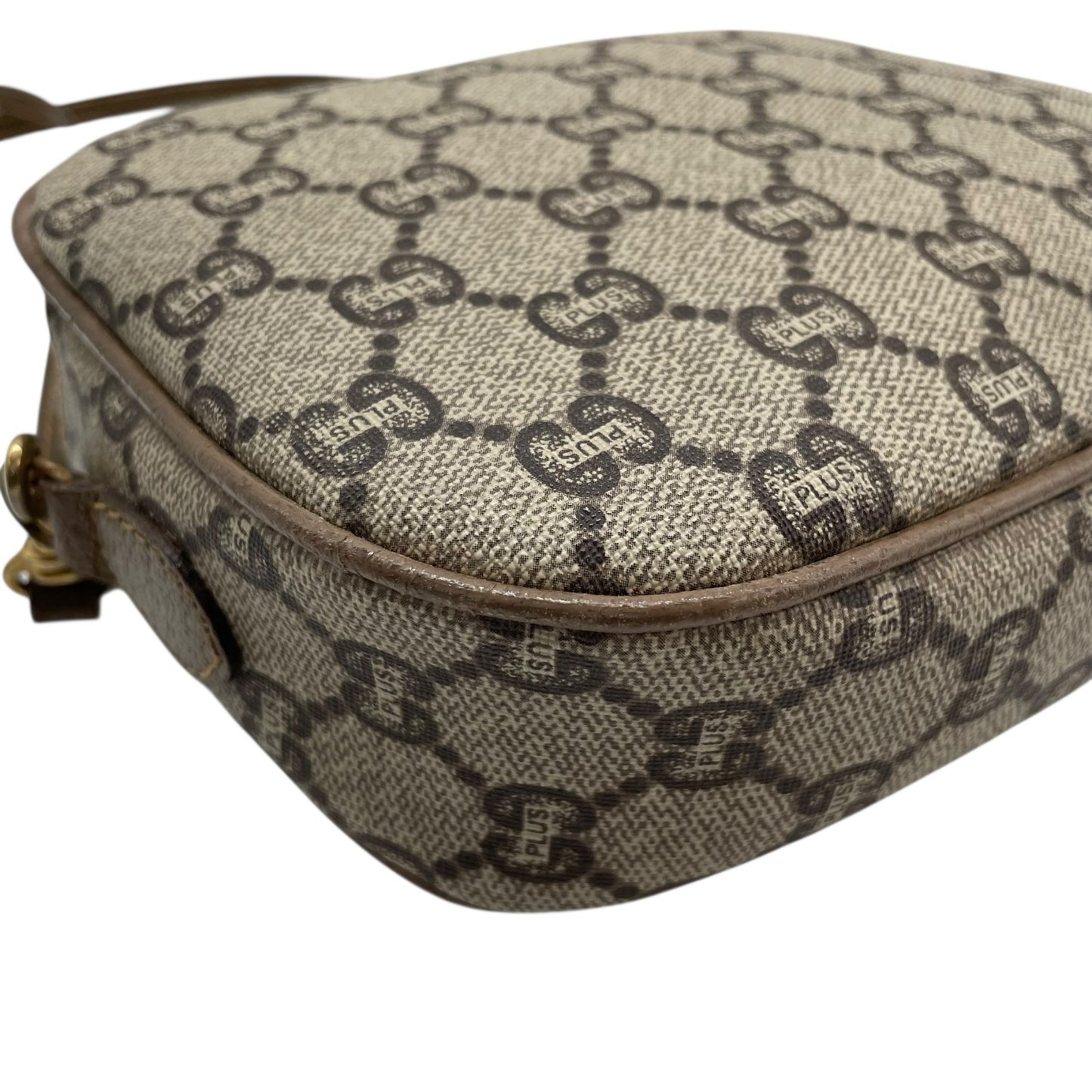 美品 GUCCI オールドグッチ GGプラス ショルダーバッグ PVC レザー グレー ブラウン ゴールド金具 ロゴ 斜め掛け可 カメラバッグ GGスプリーム ヴィンテージ レディース C3
