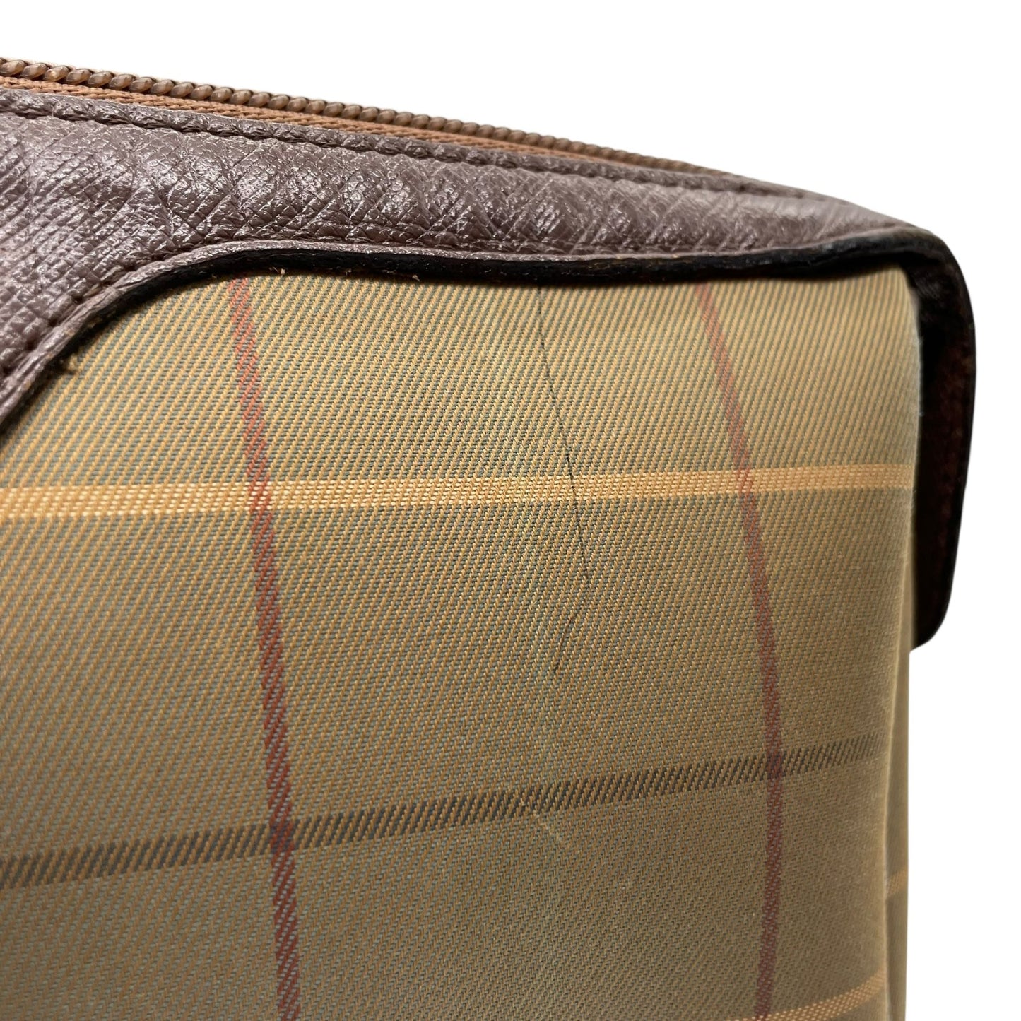 Burberry バーバリー クラッチバッグ セカンドバッグ ポーチ カーキ ブラウン ブラウン金具 キャンバス レザー ファスナー開閉 チェック柄 ホースロゴ メンズ レディース ヴィンテージ U4