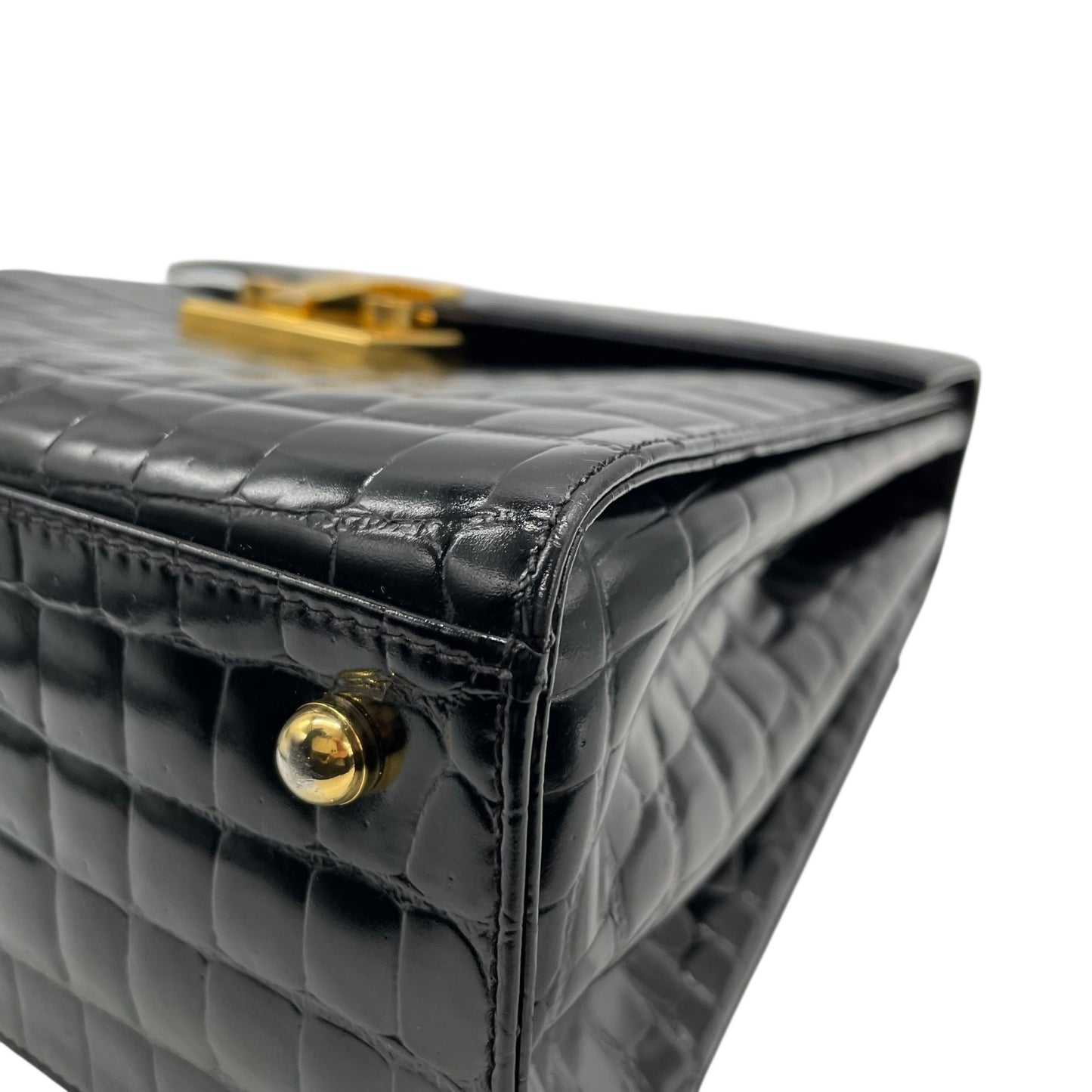 美品 TIFFANY＆Co. ティファニー ハンドバッグ 黒 ブラック レザー クロコ型押し ゴールド金具 手提げ トップハンドル フラップ開閉 レディース B