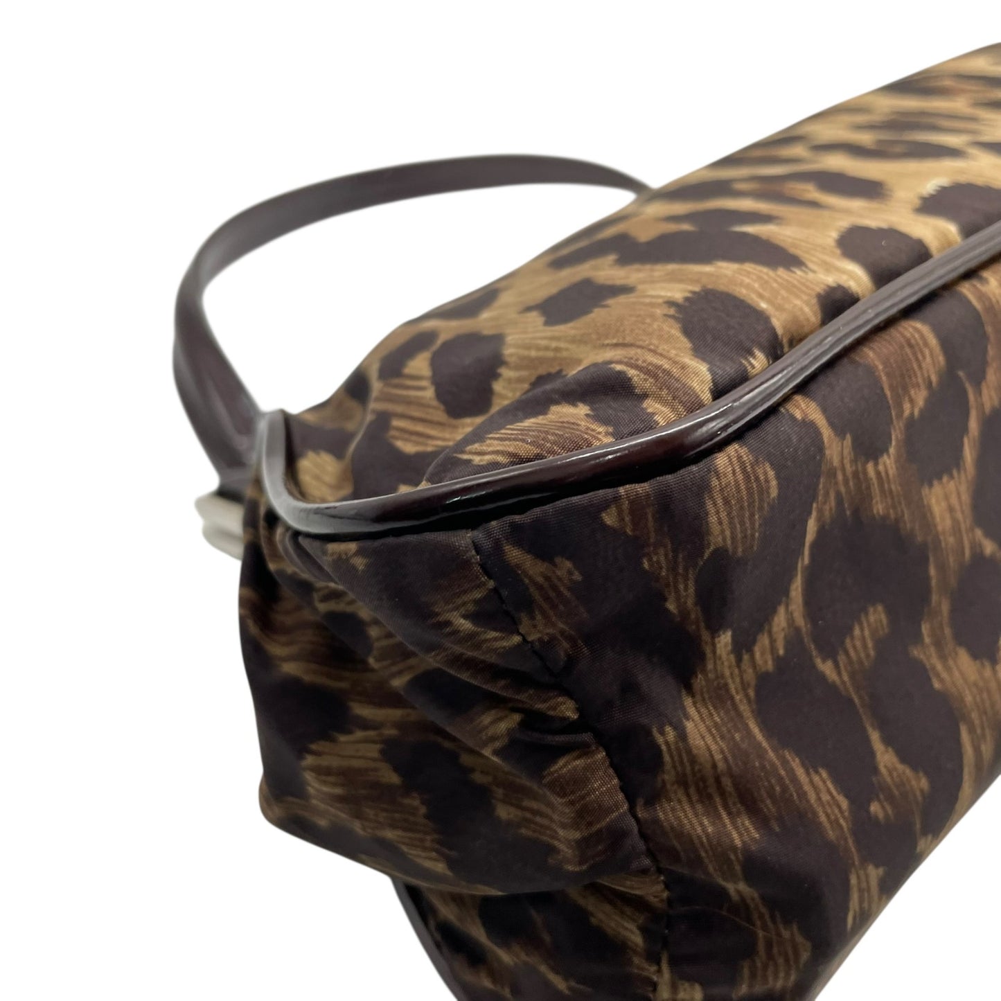 美品 DOLCE&GABBANA ドルチェ＆ガッパーナ ハンドバッグ レオパード ヒョウ柄 茶 ブラウン ナイロン パテントレザー シルバー金具 がま口 レディース C3