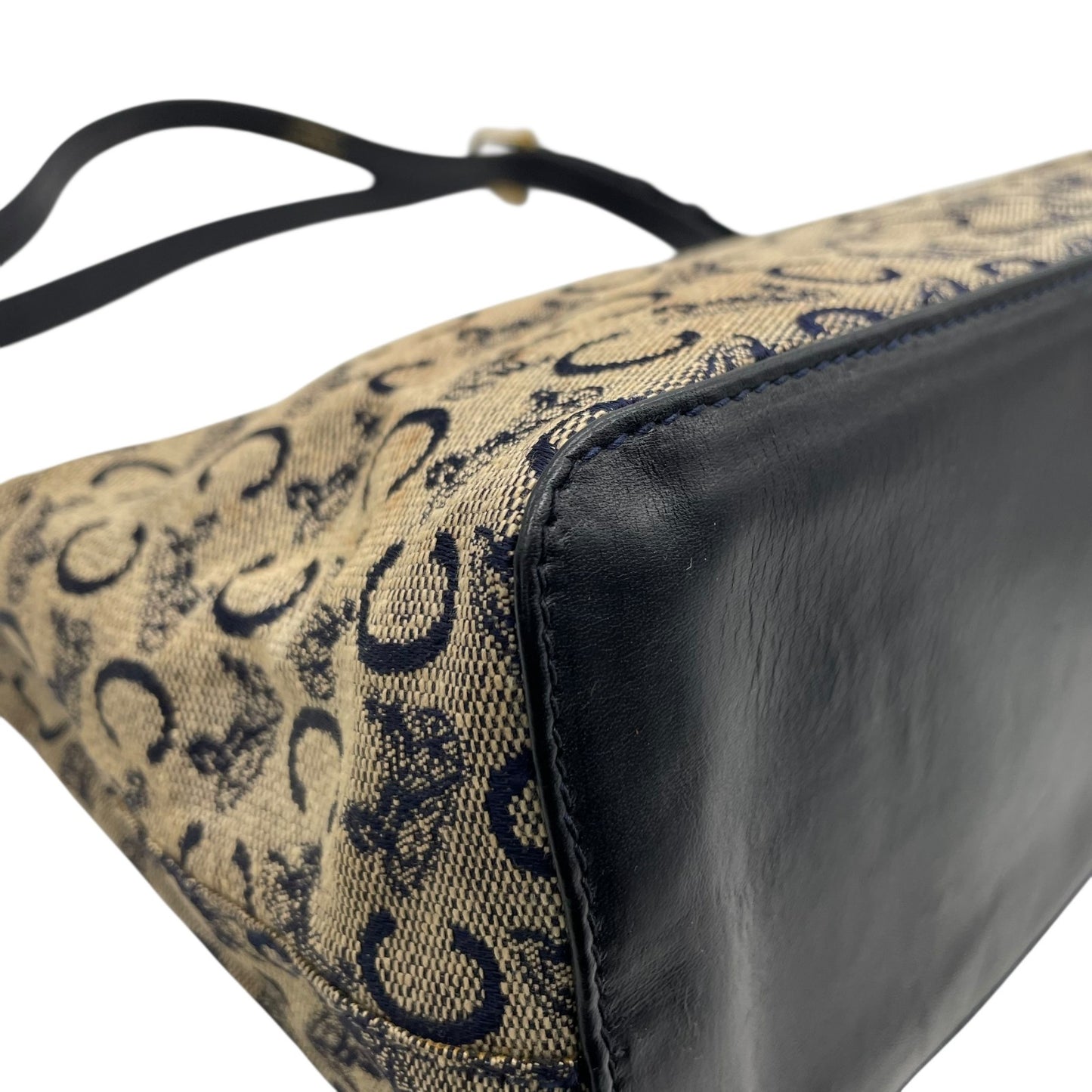 Authentic CELINE CMacadam Triomphe Canvas Leather Shoulder Bag Beige Black