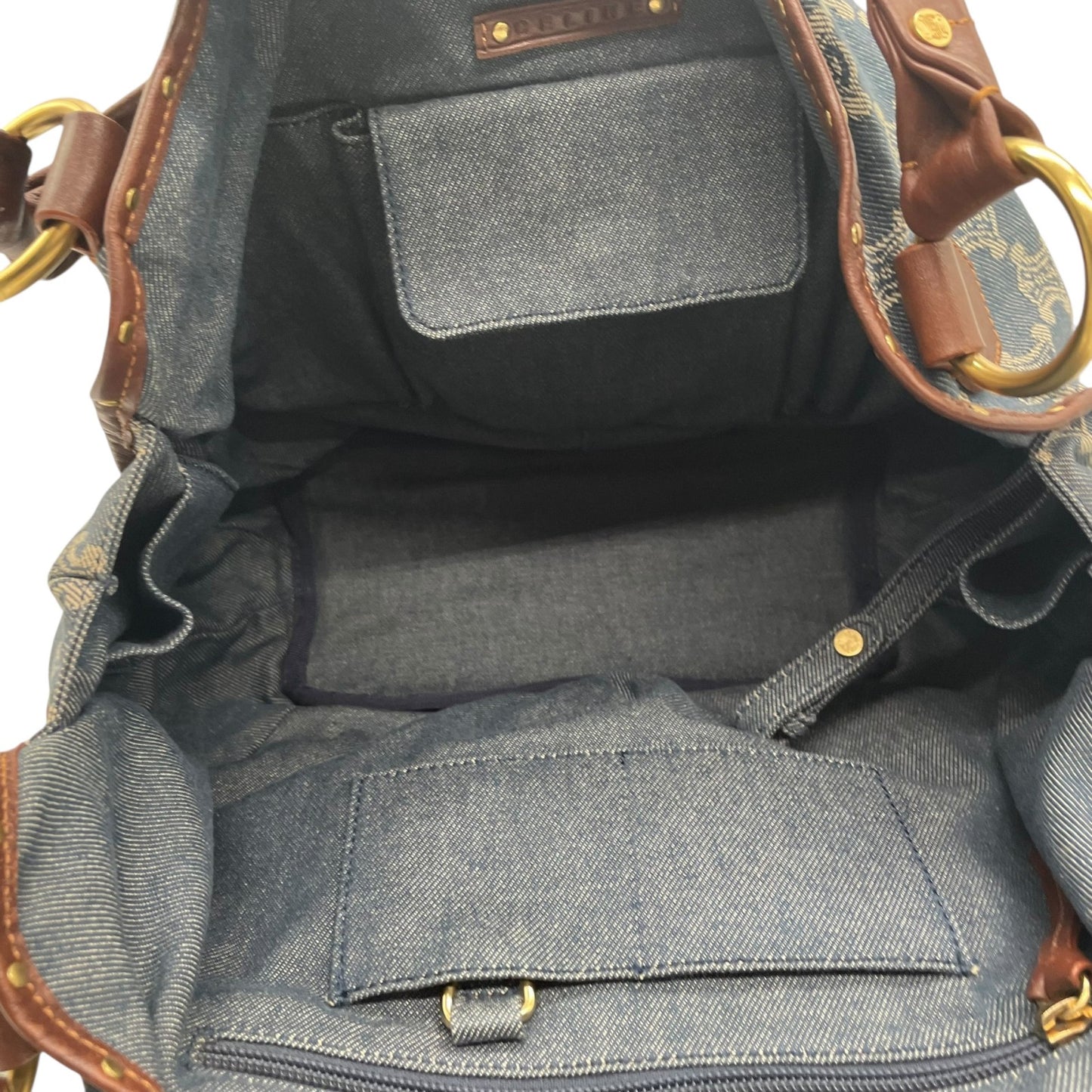 Authentic CELINE Pari Macadam Triomphe Denim Leather Handbag Brown Hardware