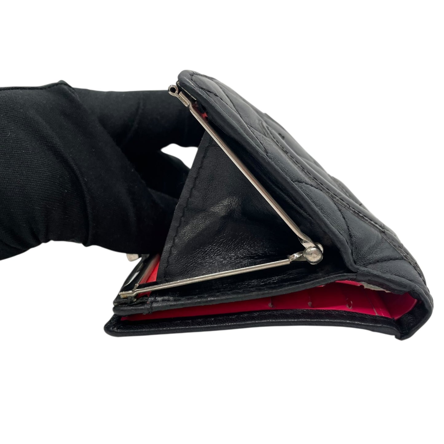 CHANEL シャネル 二つ折り財布 がま口 コンパクトウォレット カンボンライン ココマーク キルティング 黒 ブラック ピンク レザー レディース M1