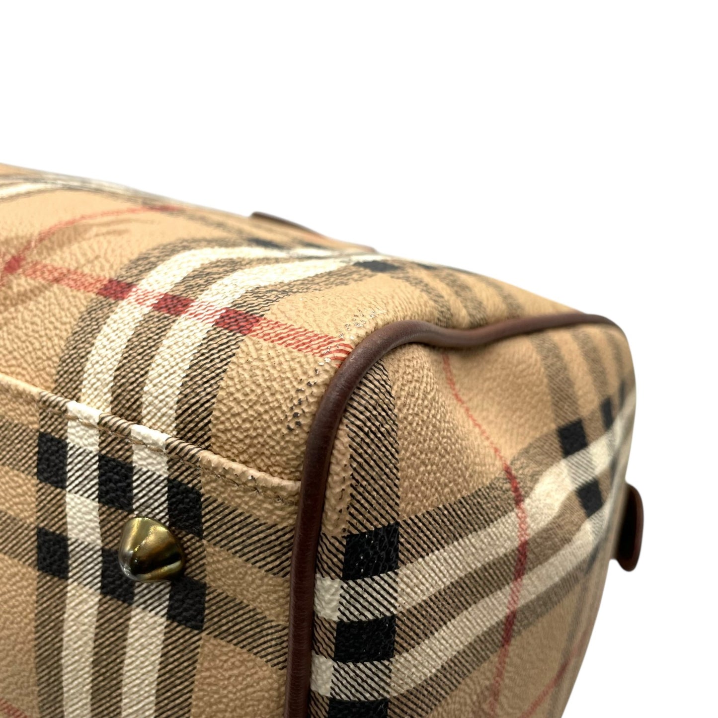 BURBERRY バーバリー ノバチェック シャドーホース ホースロゴ ボストンバッグ 茶 ブラウン ベージュ PVC レザー ゴールド金具 手提げ ヴィンテージ メンズ レディース E