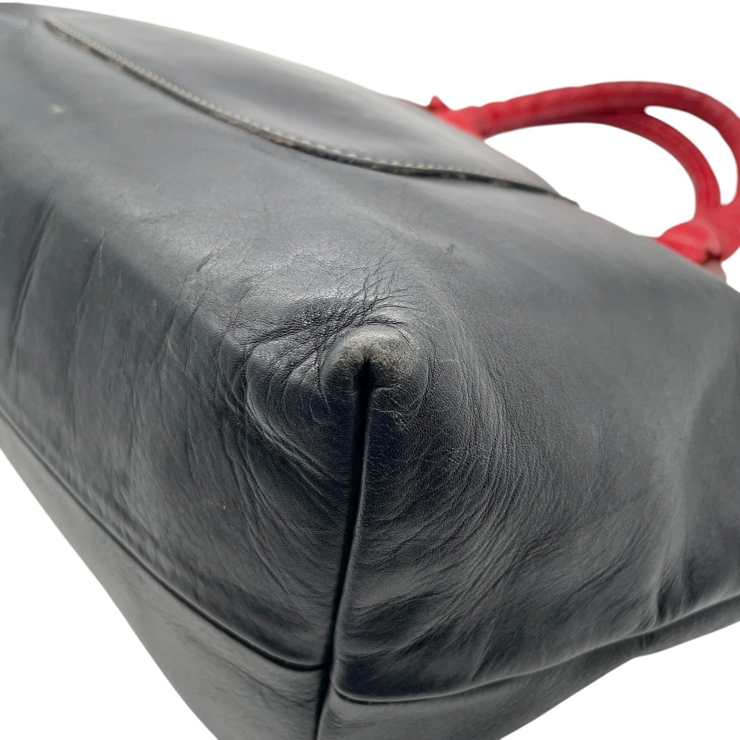 イビザ IBIZA レザーハンドバッグ バイカラー レッド×ブラック 赤 黒 木製リングデザイン レディース S68