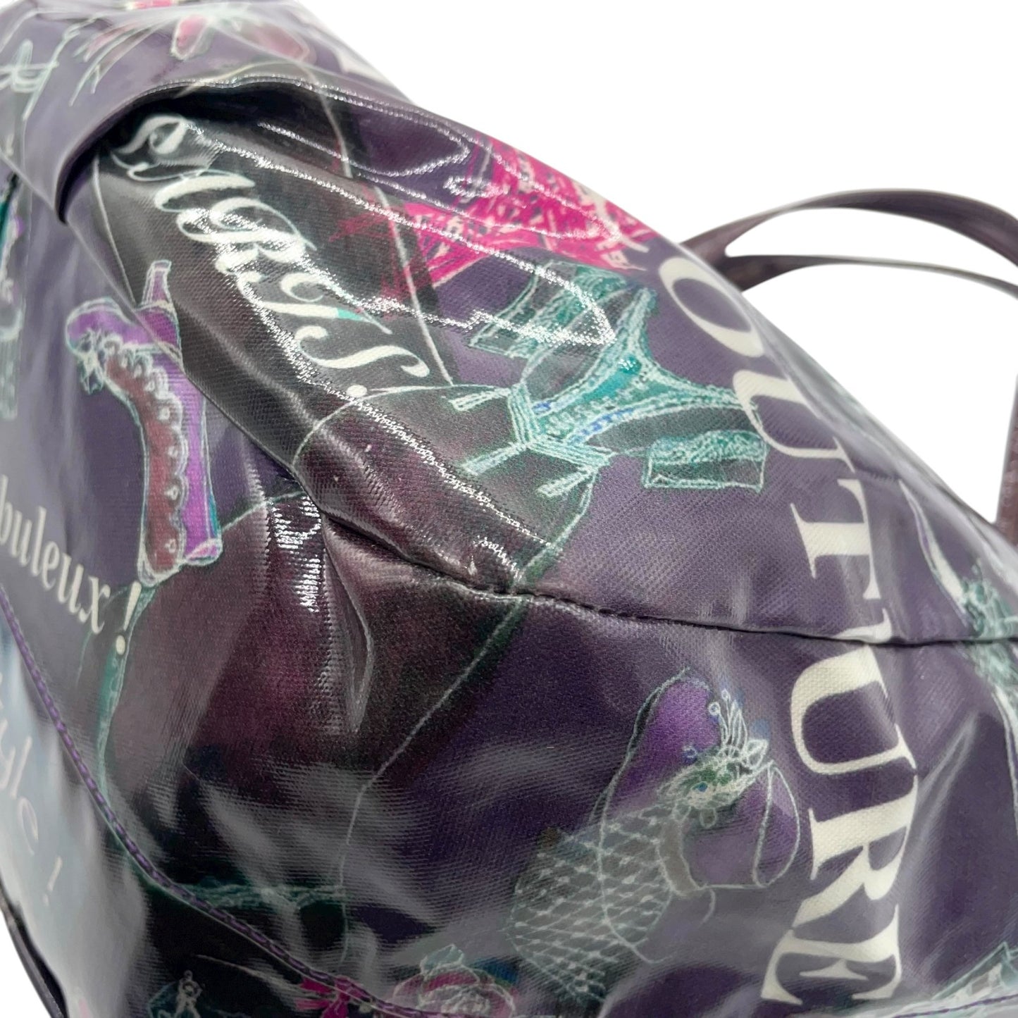 シンクビー Think Bee! ハンドバッグ トートバッグ パリ柄 エッフェル塔 ロゴ プリント 光沢 黒 ブラック レディース S90