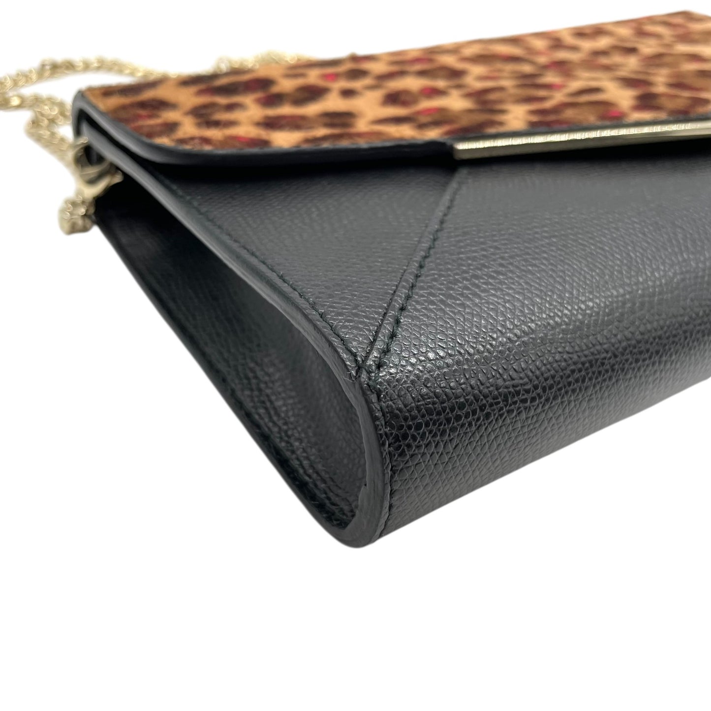 美品 フルラ FURLA チェーンショルダーバッグ チェーンショルダー クラッチバッグ 2WAY レオパード柄 黒 ブラック レザー 型押し 金金具 ゴールド金具 上品 クラッチ S52
