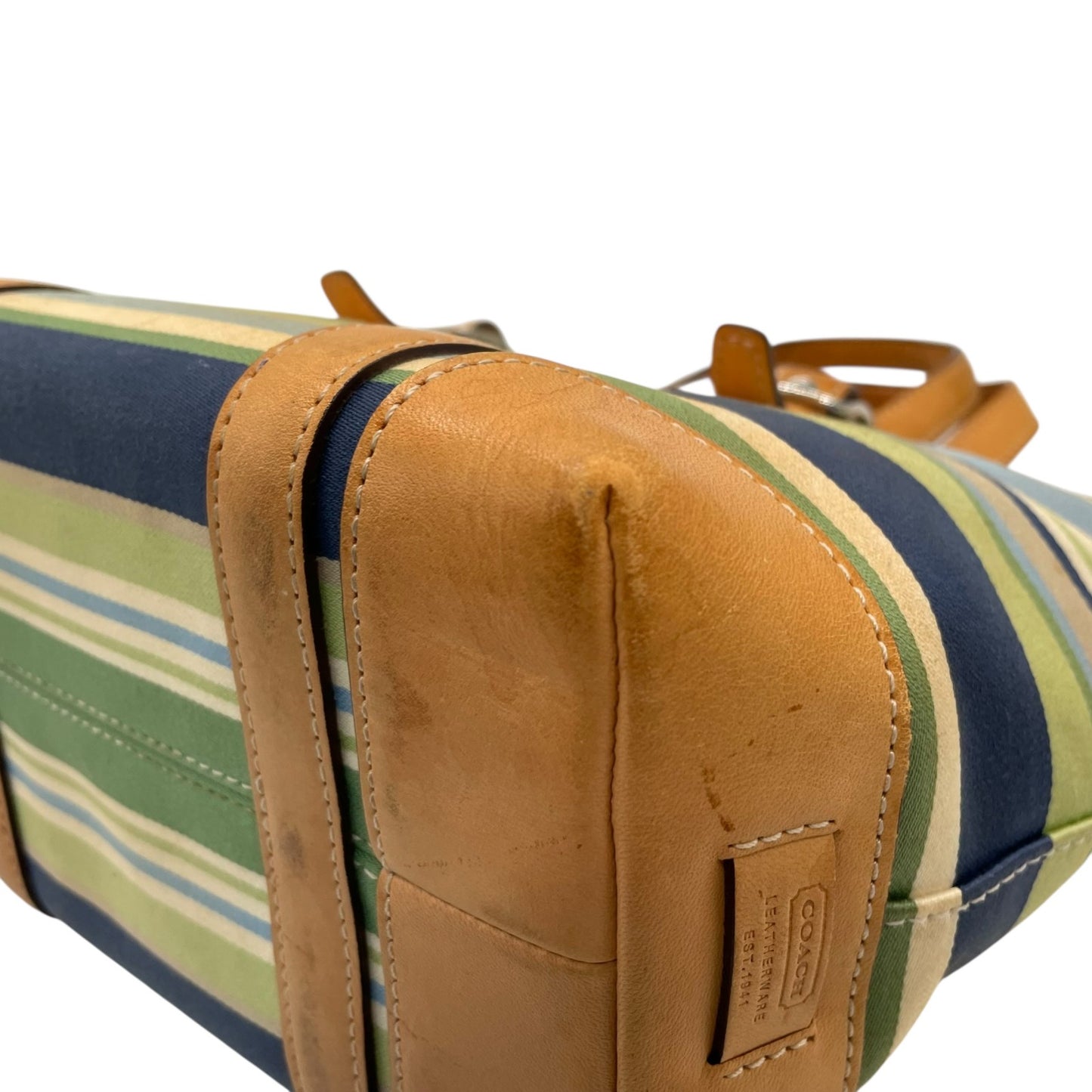 コーチ COACH ハンドバッグ ミニトート マルチストライプ ボーダー キャンバス レザー ロゴチャーム ファスナー開閉 ネイビー ブルー グリーン マルチカラー シルバー金具 手提げ レディース T1