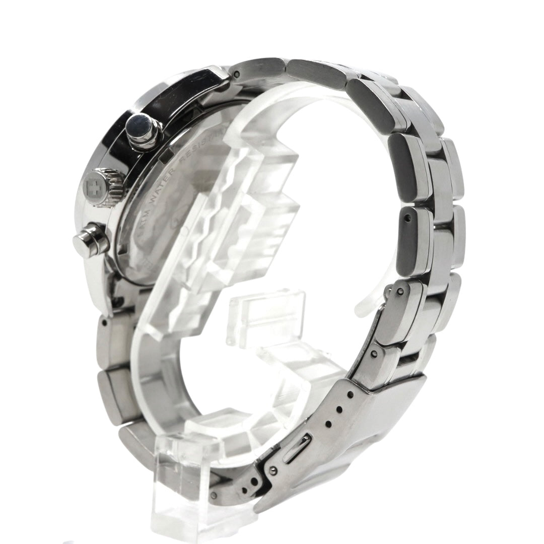 【電池交換済】スイスミリタリー ハノワ 腕時計 06-5219 クロノグラフ メンズ クオーツ シルバー文字盤 デイト表示 アナログ ローマンインデックス ビジネス カジュアル スポーツ エレガント スイス製 クリーニング済み G3