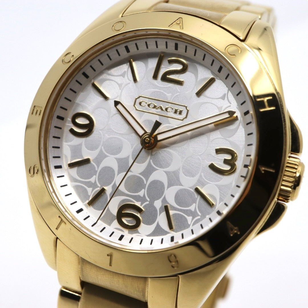 美品 電池交換済 クリーニング済 コーチ COACH 腕時計 CA-67.7.34.0690 レディースウォッチ クォーツ ゴールド ステンレススチール シルバー文字盤 シグネチャー柄 アナログ エレガント クラシック ドレスウォッチ 稼働品 G3