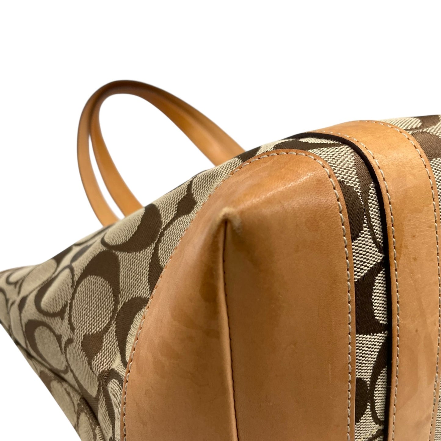 COACH コーチ シグネチャー キャンバス トートバッグ レザー 茶 ブラウン ベージュ シルバー金具 肩掛け可 ファスナー開閉 レディース S11