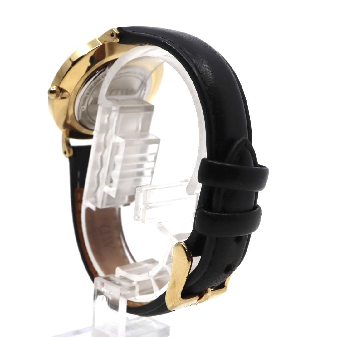 【美品／電池交換済】ダニエルウェリントン DW Petite 腕時計 レディース K32GB06 クオーツ アナログ ラウンド ブラック文字盤 ゴールドケース レザーベルト クラシック エレガント ミニマルデザイン クリーニング済 稼働品 G2