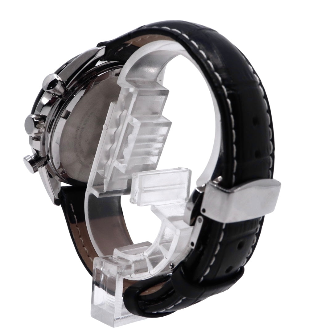 【新品同様/稼働品】セイコー SEIKO クロノグラフ V175-0FA0 メンズ腕時計 ソーラー アナログ ブラック文字盤 型押しレザーベルト タキメーター 10気圧防水 サファイアクリスタル ビジネス スポーティ エレガント クリーニング済 G7