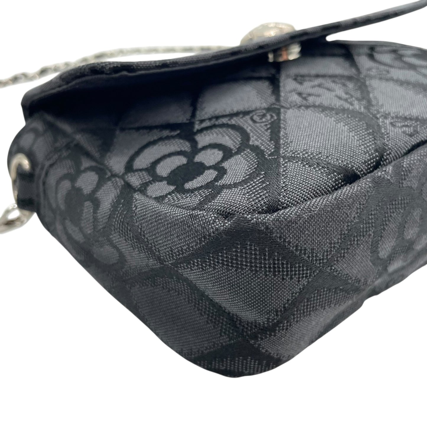 未使用級 クレイサス CLATHAS ショルダーバッグ ミニバッグ 黒 ブラック キャンバス シルバー金具 チェーンショルダー カメリア柄 ロゴ 斜め掛け可 レディース E6