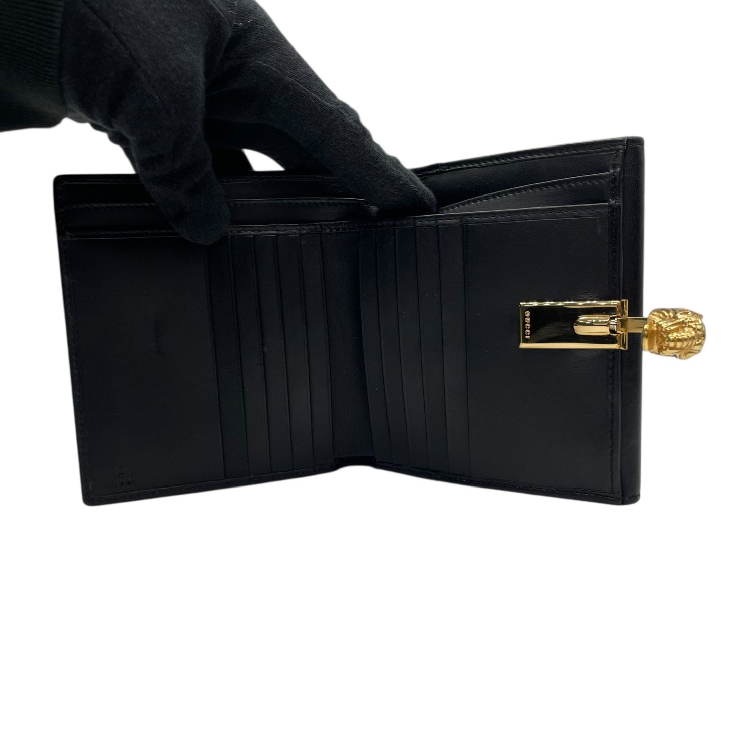 【美品】GUCCI グッチ GGキャンバス タイガーヘッド 二つ折り財布 コンパクトウォレット GG柄 虎 キャンバス レザー ブラック ゴールド金具 ヴィンテージ レディース M2