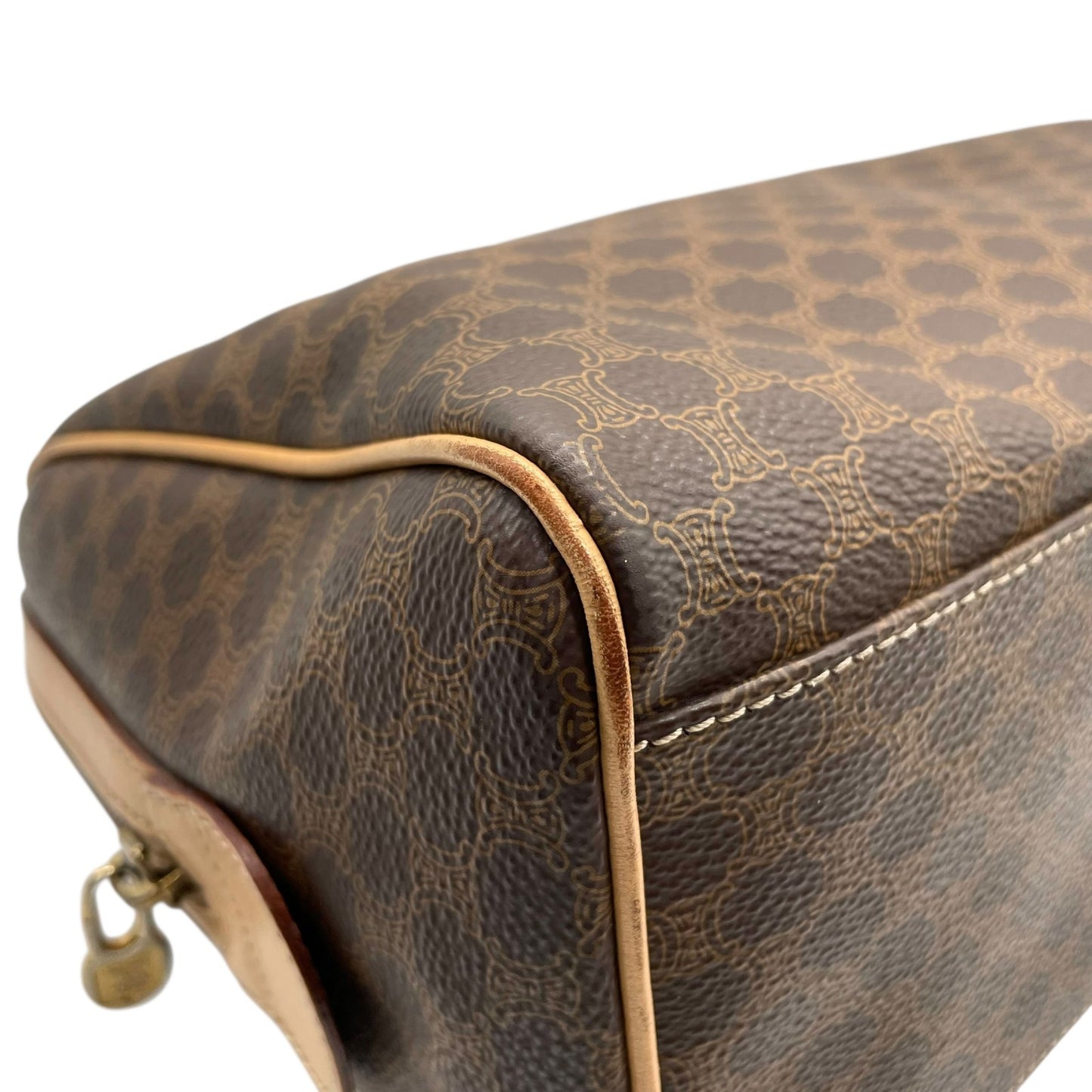 Authentic CELINE Trionf Monogram 2WAY Handbag Mini Boston Bag Shoulder Bag Leather Brown Gold Hardware Zipper Crossbody Women's