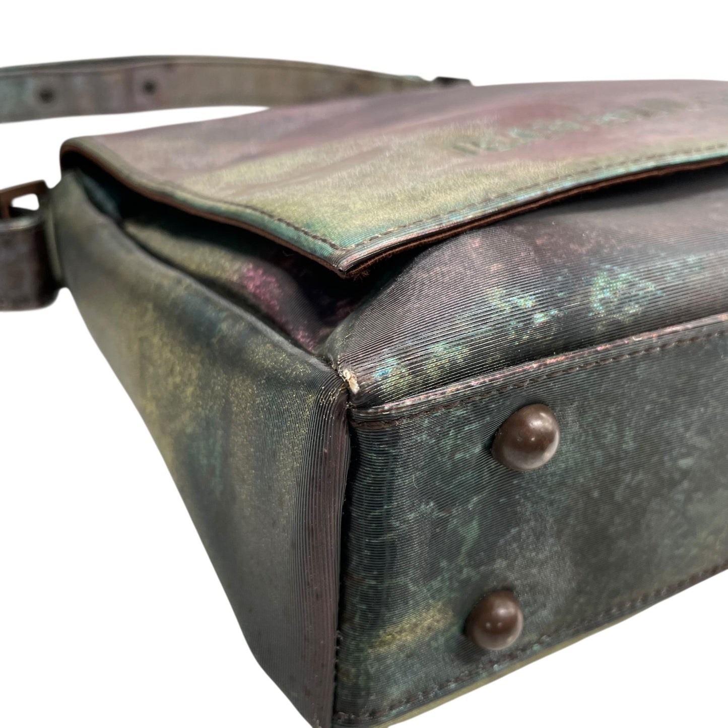 Authentic Jean Paul Gaultier V-Cyber Shoulder Bag Iridescent Green PVC Leather Bronze Hardware Unisex