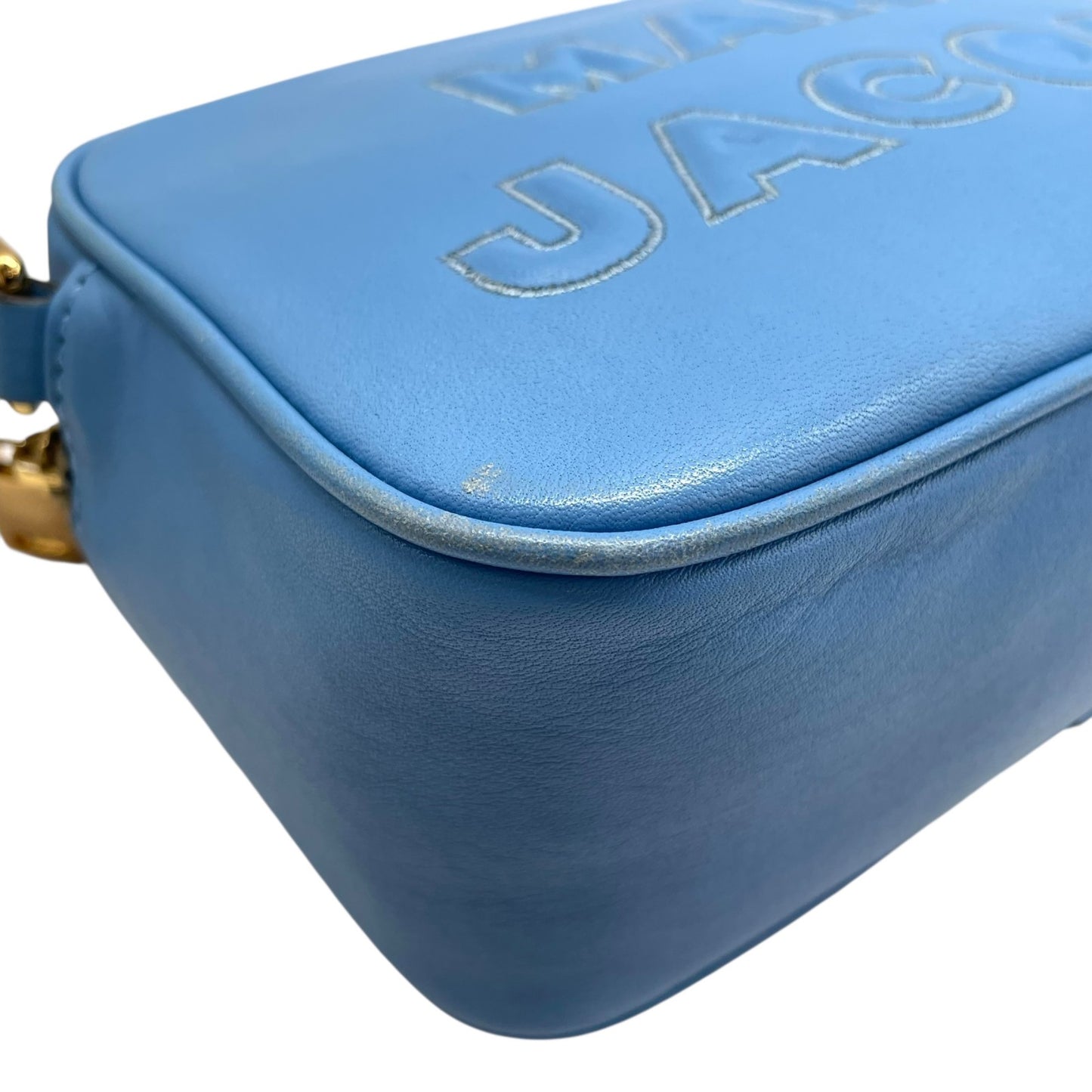 Authentic MARC JACOBS Flash Leather Crossbody Camera Bag Blue Leather Gold Hardware Women's Logo