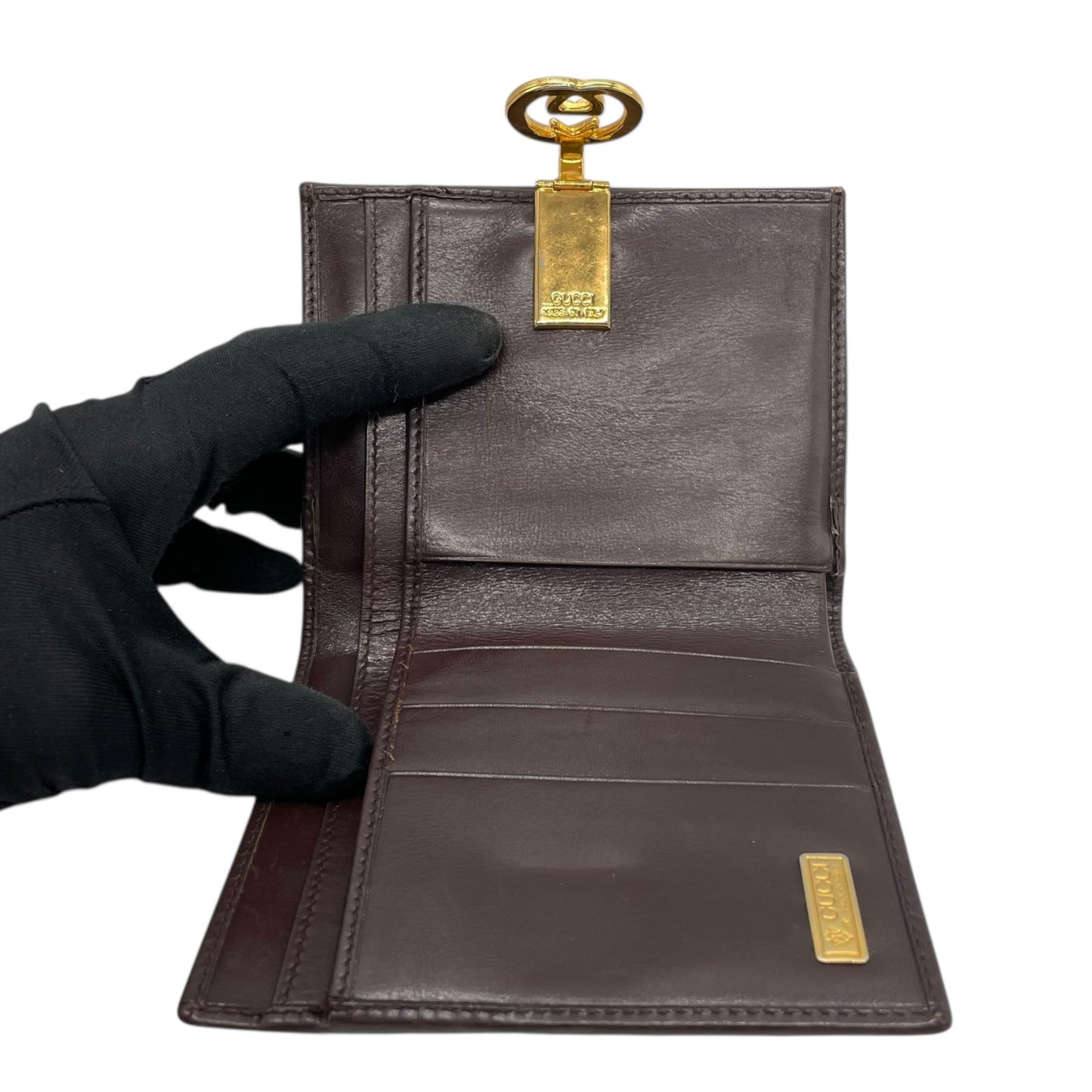美品 GUCCI グッチ レザー 二つ折り財布 ボルドー ブラウン ゴールド金具 インターロッキング 035-904 ヴィンテージ レディース オールドグッチ M4