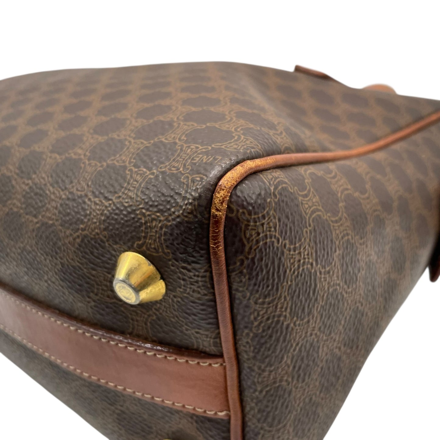 Authentic CELINE Vintage Macadam Handbag Brown PVC Leather Gold Hardware Logo Women's