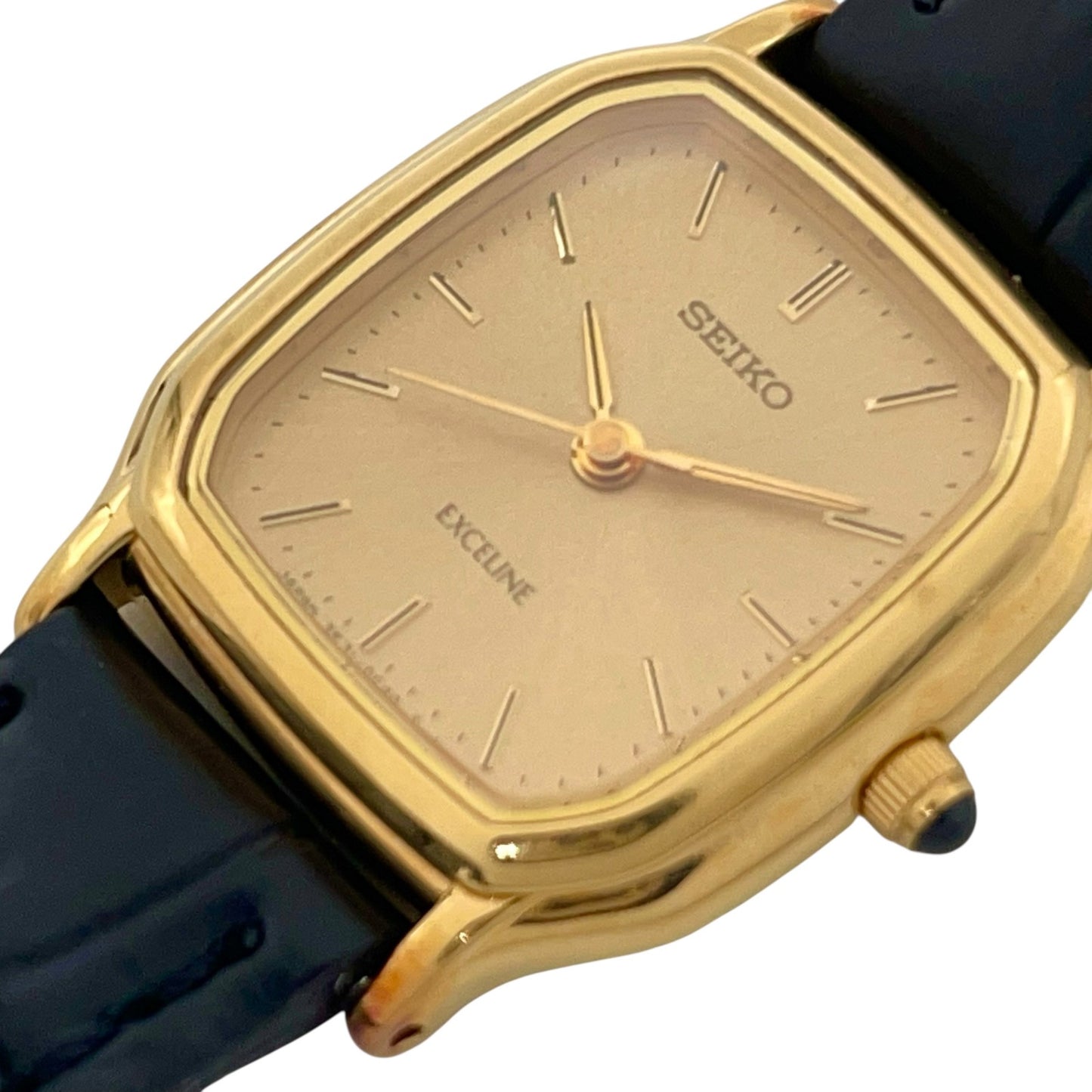 【電池交換済／美品】セイコー エクセリーヌ レディース 腕時計 3F31-5A20 クオーツ ゴールド文字盤 スクエアケース 黒革ベルト アナログ クラシック ビンテージ エレガント ドレスウォッチ クリーニング済 人気モデル G