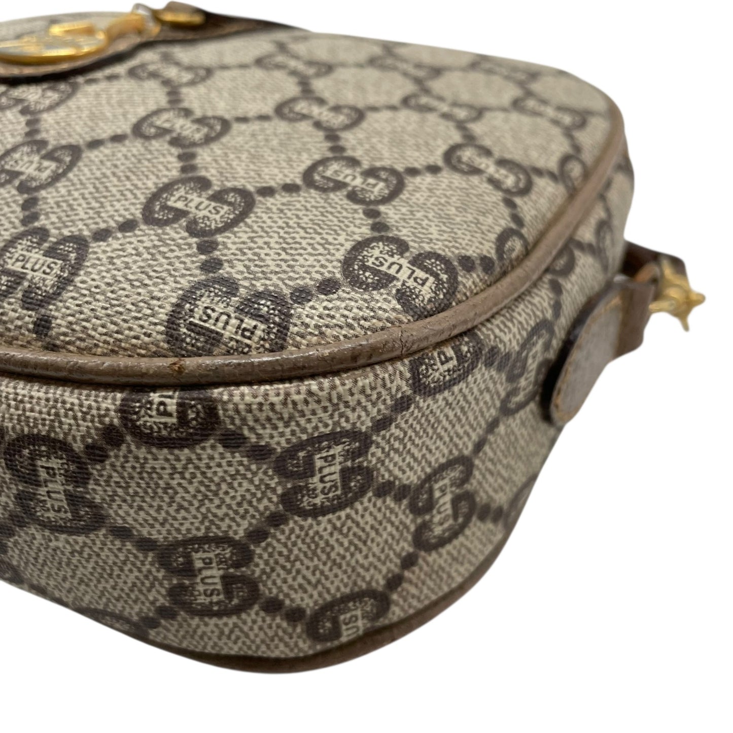 美品 GUCCI オールドグッチ GGプラス ショルダーバッグ PVC レザー グレー ブラウン ゴールド金具 ロゴ 斜め掛け可 カメラバッグ GGスプリーム ヴィンテージ レディース C3