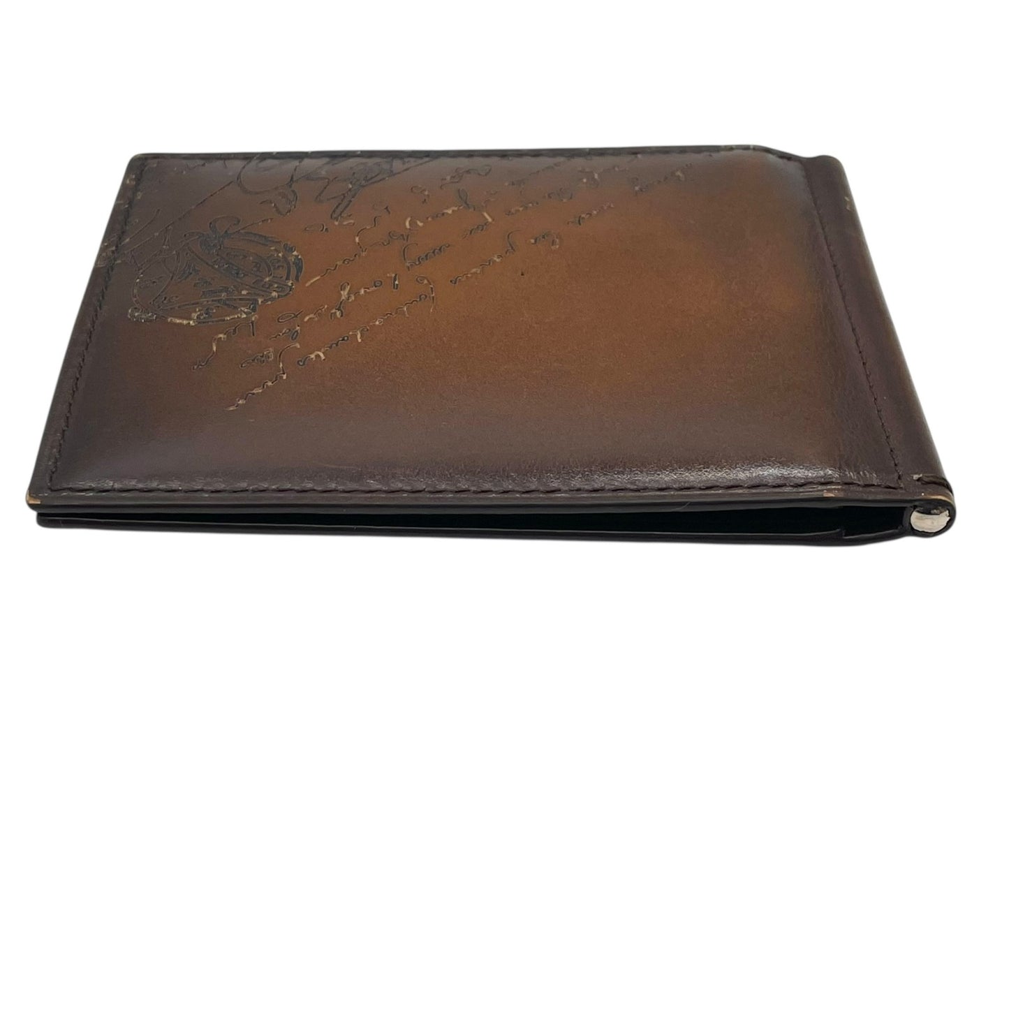 美品 BERLUTI ベルルッティ カリグラフィ マネークリップ 二つ折り フィギュア スクリットレザー コンパクトウォレット 茶 カカオ ブラウン メンズ スタンプ付き W2