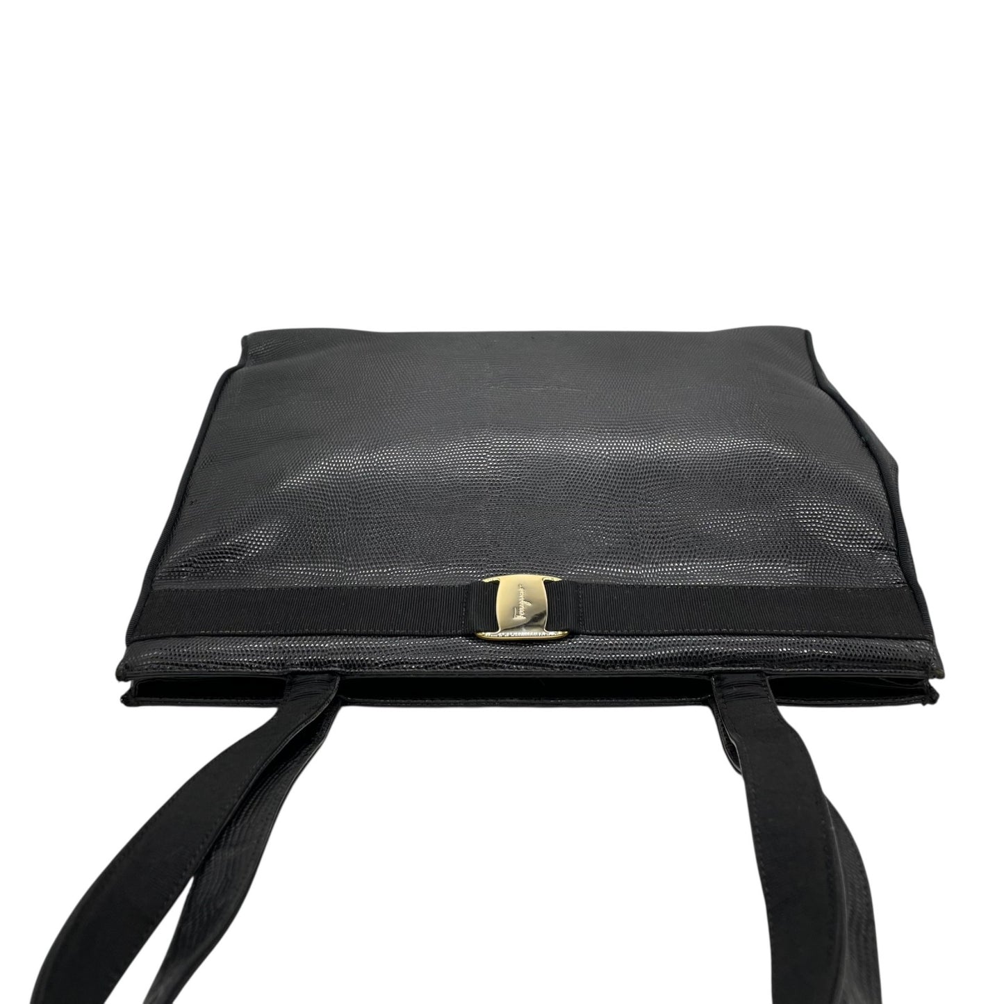 Salvatore Ferragamo フェラガモ ヴァラリボン トートバッグ ワンショルダー レザー トカゲ型押し 黒 ブラック ゴールド金具 肩掛け可 サルヴァトーレフェラガモ レディース D