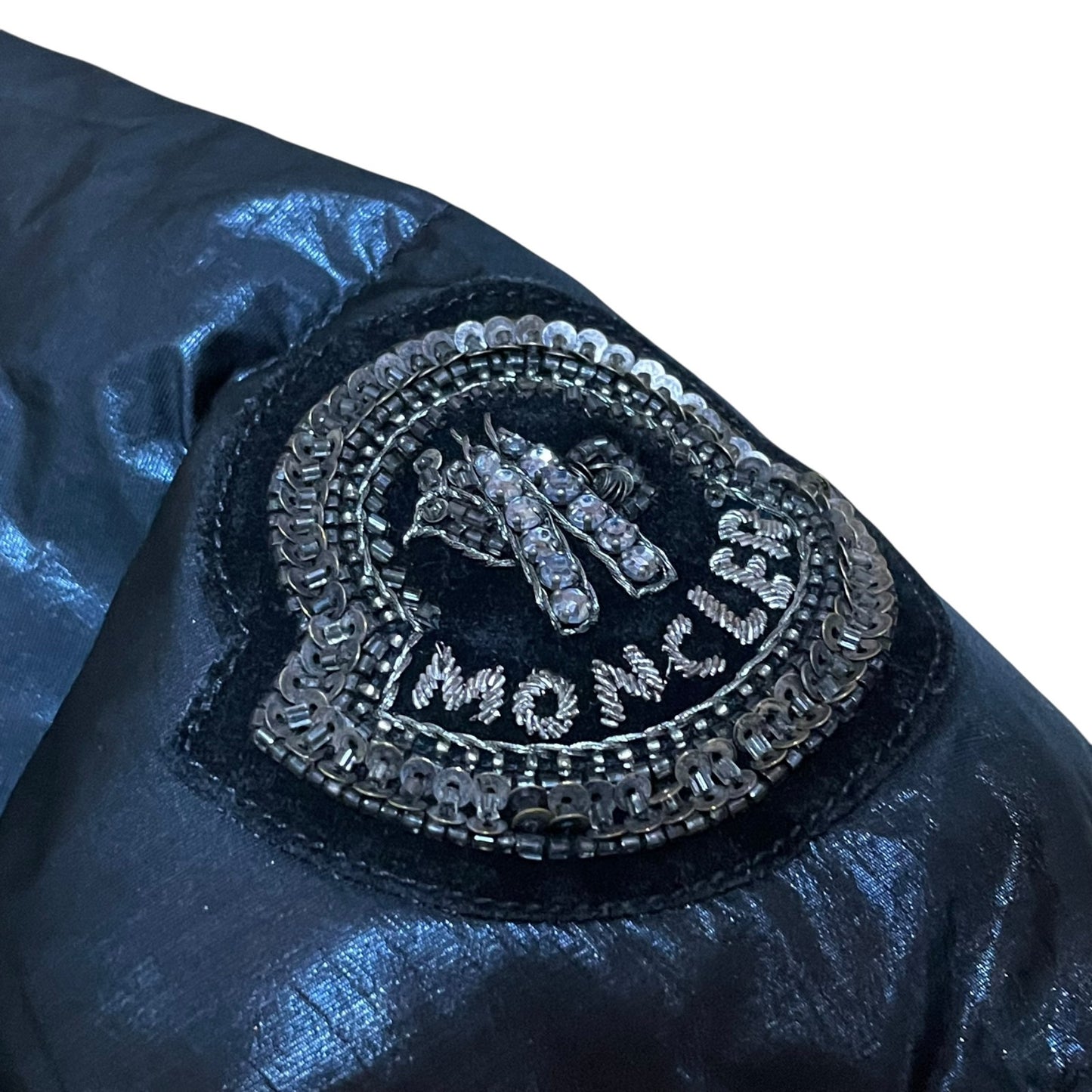 MONCLER モンクレール ダウンジャケット グレー 黒 ブラック スワロフスキー ビーズ 立体ワッペン 茶タグ ナイロン サイズ0 メンズ レディース CT