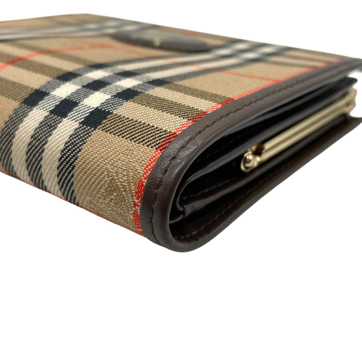 未使用級 Burberry バーバリー ノバチェック シャドーホース 二つ折り財布 がま口 ブラウン ベージュ キャンバス レザー ゴールド金具 ホースロゴ レディース ヴィンテージ M5