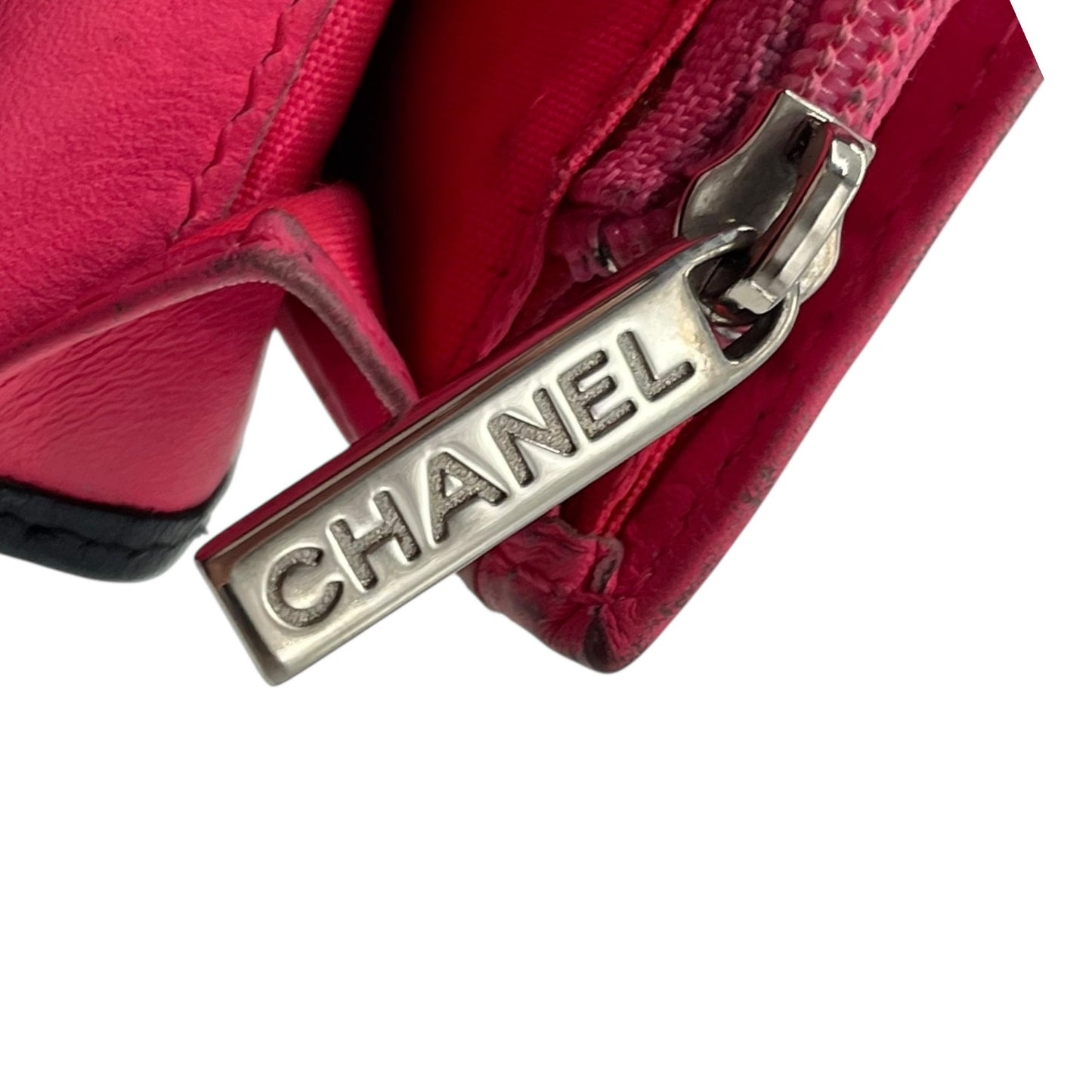 CHANEL シャネル カンボンライン ココマーク 二つ折り 長財布 黒 ブラック ピンク パテントレザー シルバー金具 レディース M5