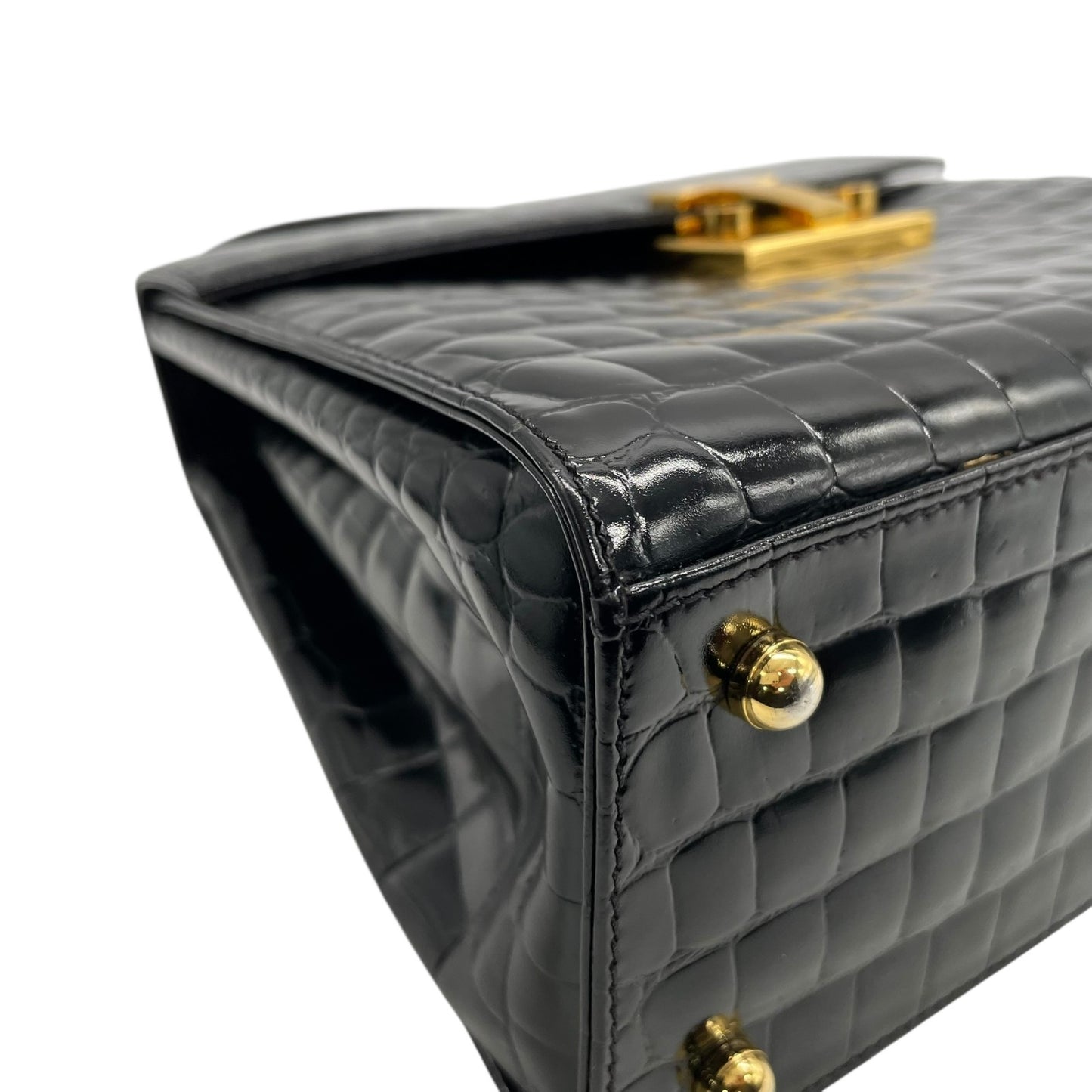 美品 TIFFANY＆Co. ティファニー ハンドバッグ 黒 ブラック レザー クロコ型押し ゴールド金具 手提げ トップハンドル フラップ開閉 レディース B