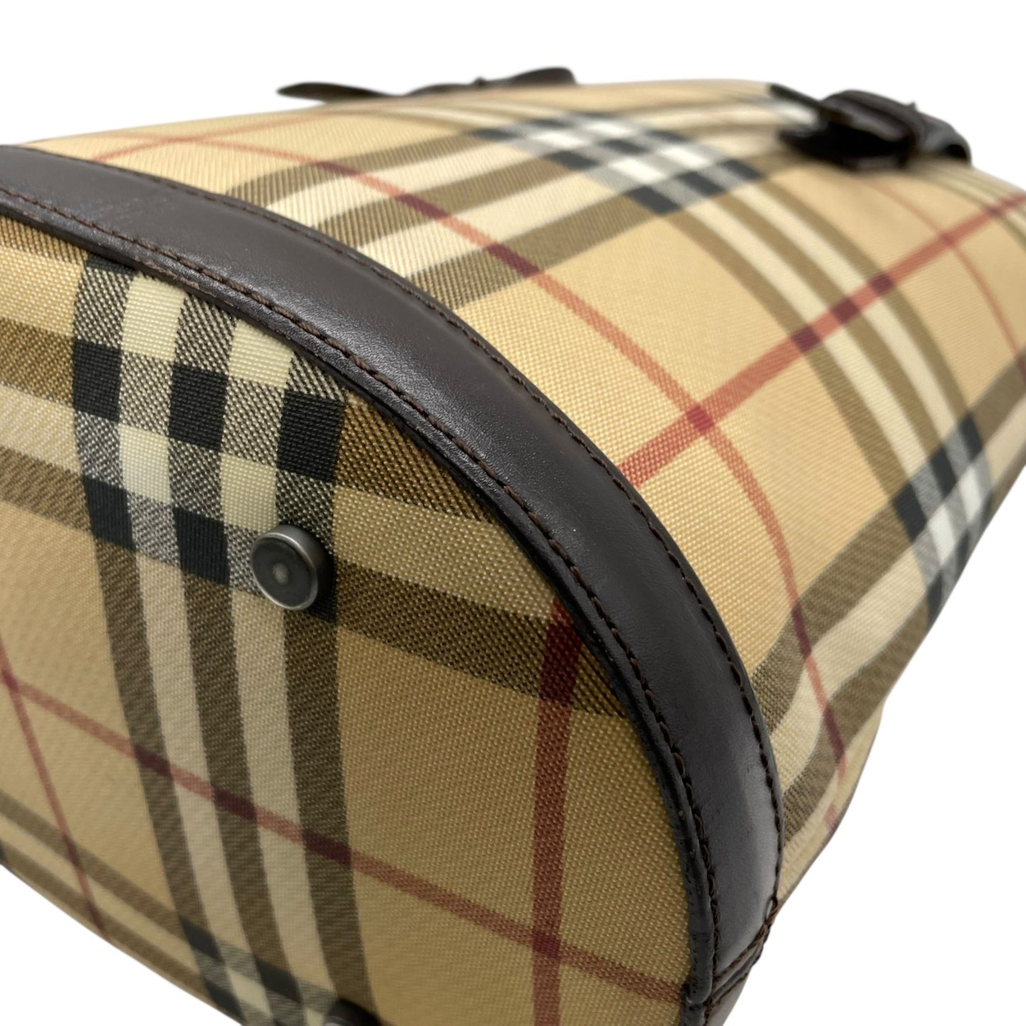 美品 BURBERRY バーバリー ノバチェック バケツ型 ショルダーバッグ トートバッグ PVC レザー ベージュ レッド ダークブラウン メンズ レディース 肩掛け C3