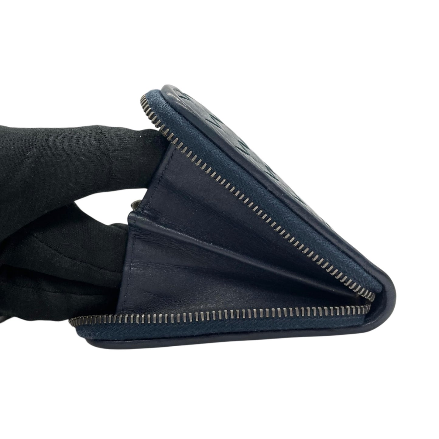 美品 BOTTEGA VENETA ボッテガヴェネタ ボッテガベネタ ラウンドファスナー 長財布 イントレチャート 紺 ネイビー レザー メンズ レディース M1