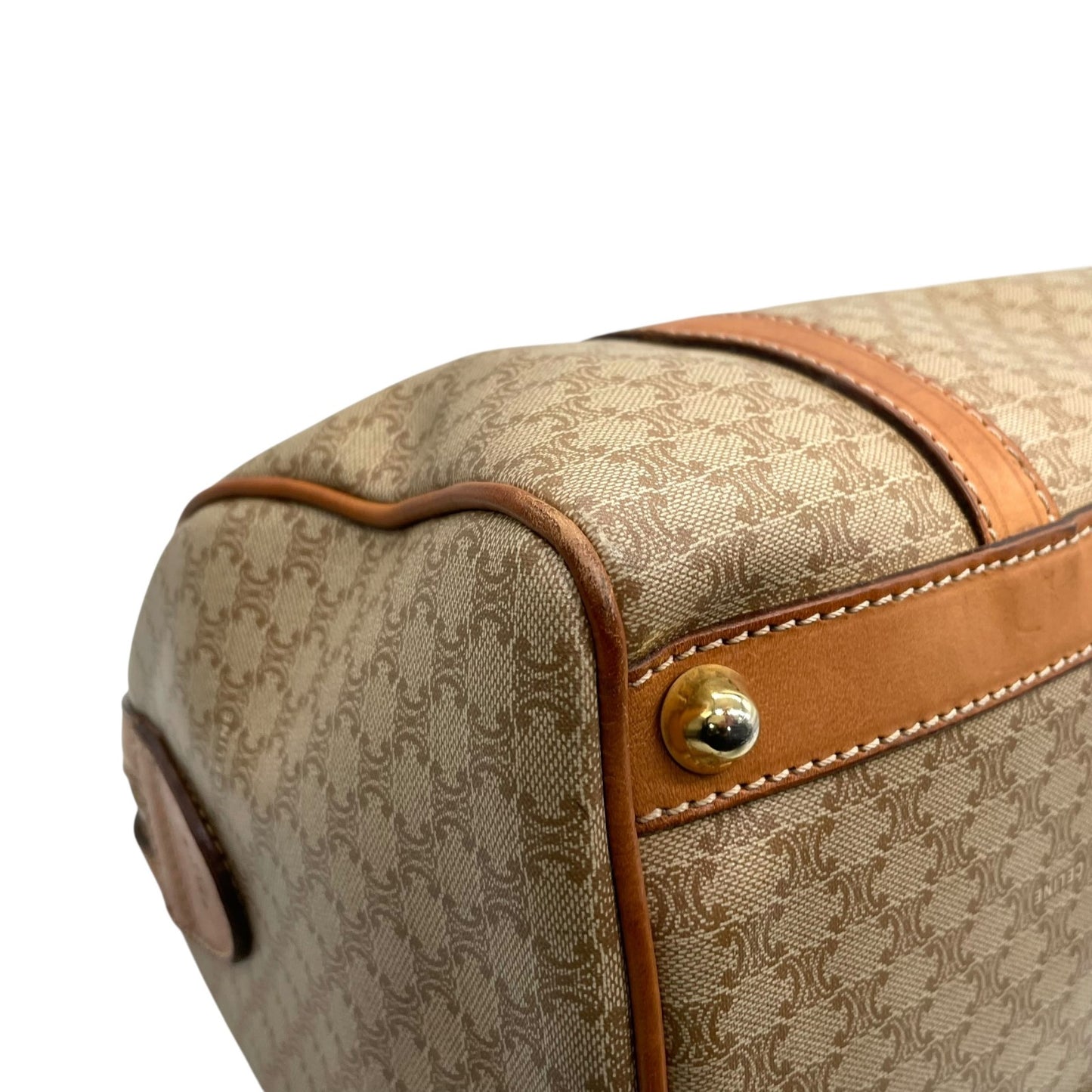 美品 セリーヌ CELINE マカダム柄 ボストンバッグ ハンドバッグ ブラウン 茶色 ベージュ トリオンフロゴ PVC×レザー ヴィンテージ 大容量 バッグ B