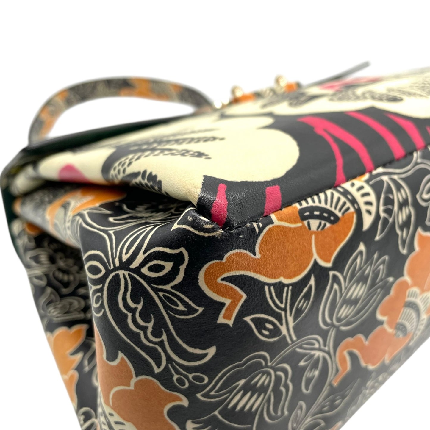 希少 美品 VALENTINO GARAVANI ヴァレンティノ・ガラヴァーニ ハンドバッグ フローラルプリント マイム シングルハンドル グリーン系 マルチカラー レザー シルバー金具 レディース D