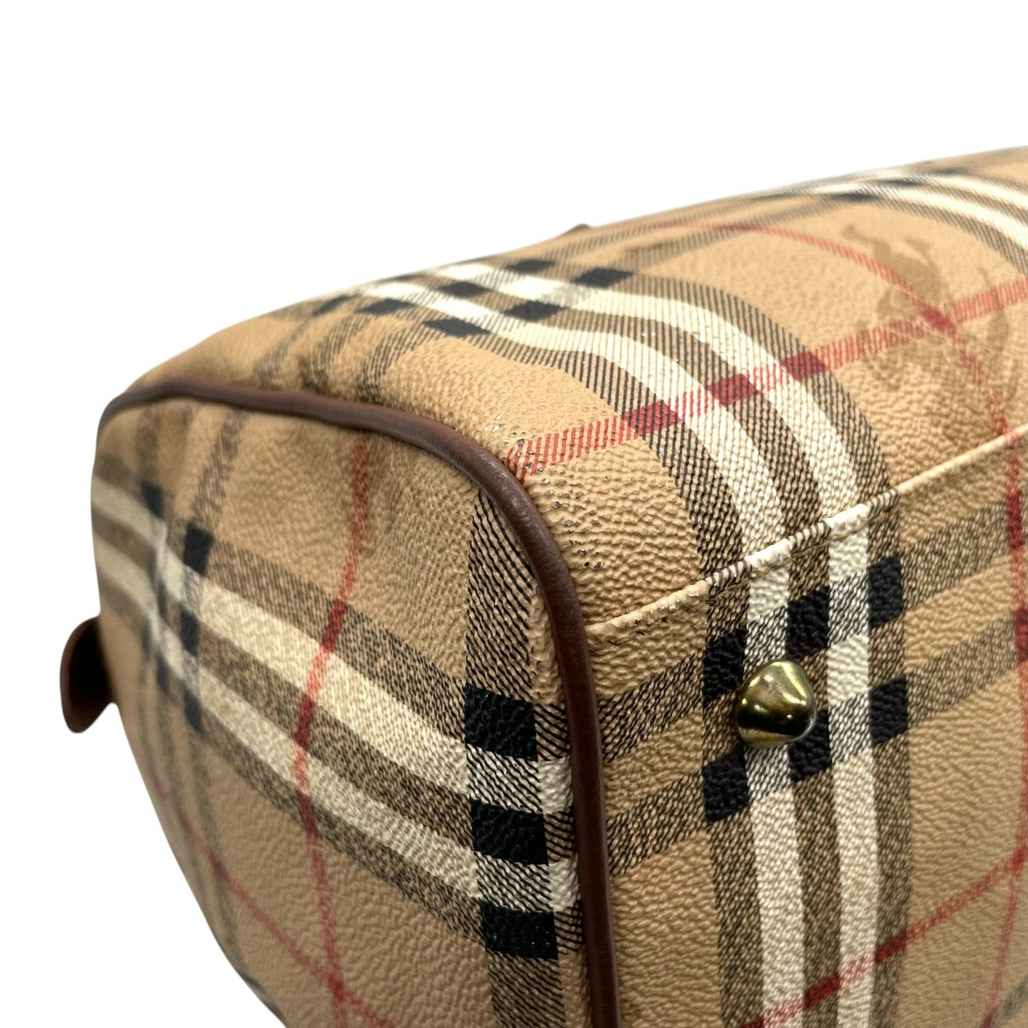 BURBERRY バーバリー ノバチェック シャドーホース ホースロゴ ボストンバッグ 茶 ブラウン ベージュ PVC レザー ゴールド金具 手提げ ヴィンテージ メンズ レディース E