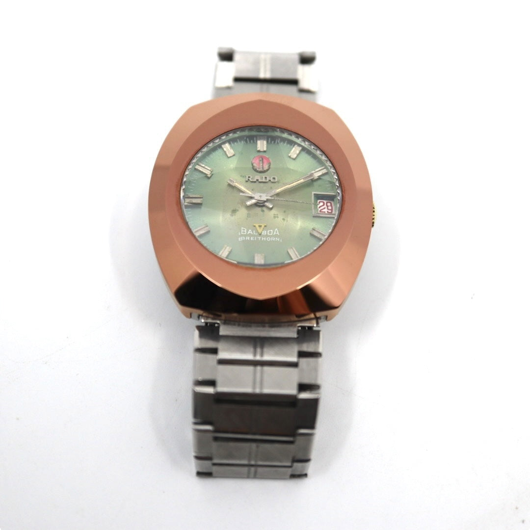美品　ラドー　バルボア　腕時計　緑文字盤　カットガラス　ヴィンテージ　BREITHORN　ラウンド　自動巻　RADO　BALBOA　ブライトホルン　超硬ケース　アナログ　メンズ G4
