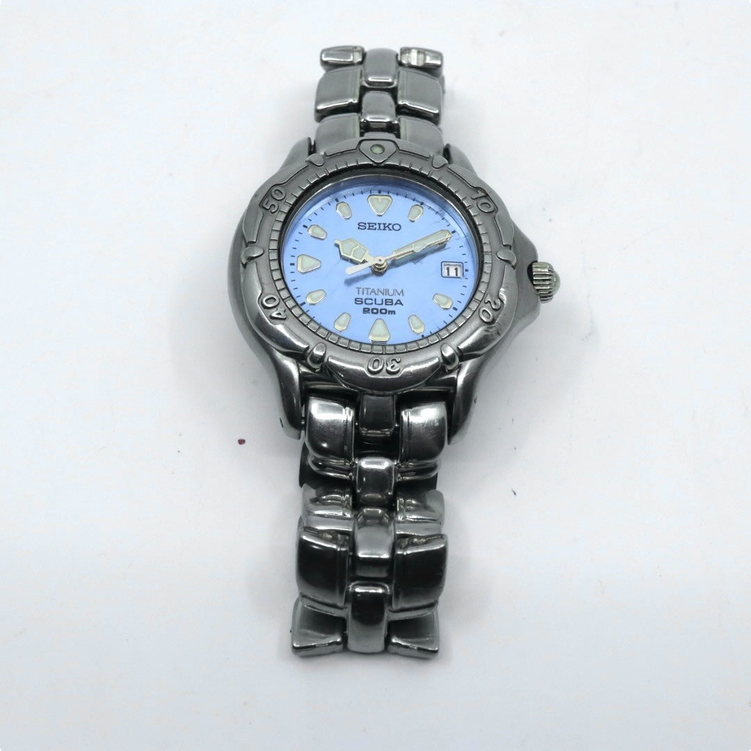【電池交換済】 seiko セイコー プロスペックス スキューバ 200M 7N35-6120 ダイバーズウォッチ 腕時計 メンズ チタン クオーツ ブルーダイヤル デイト表示 回転ベゼル スポーツ ヴィンテージ 希少モデル クリーニング済み G4