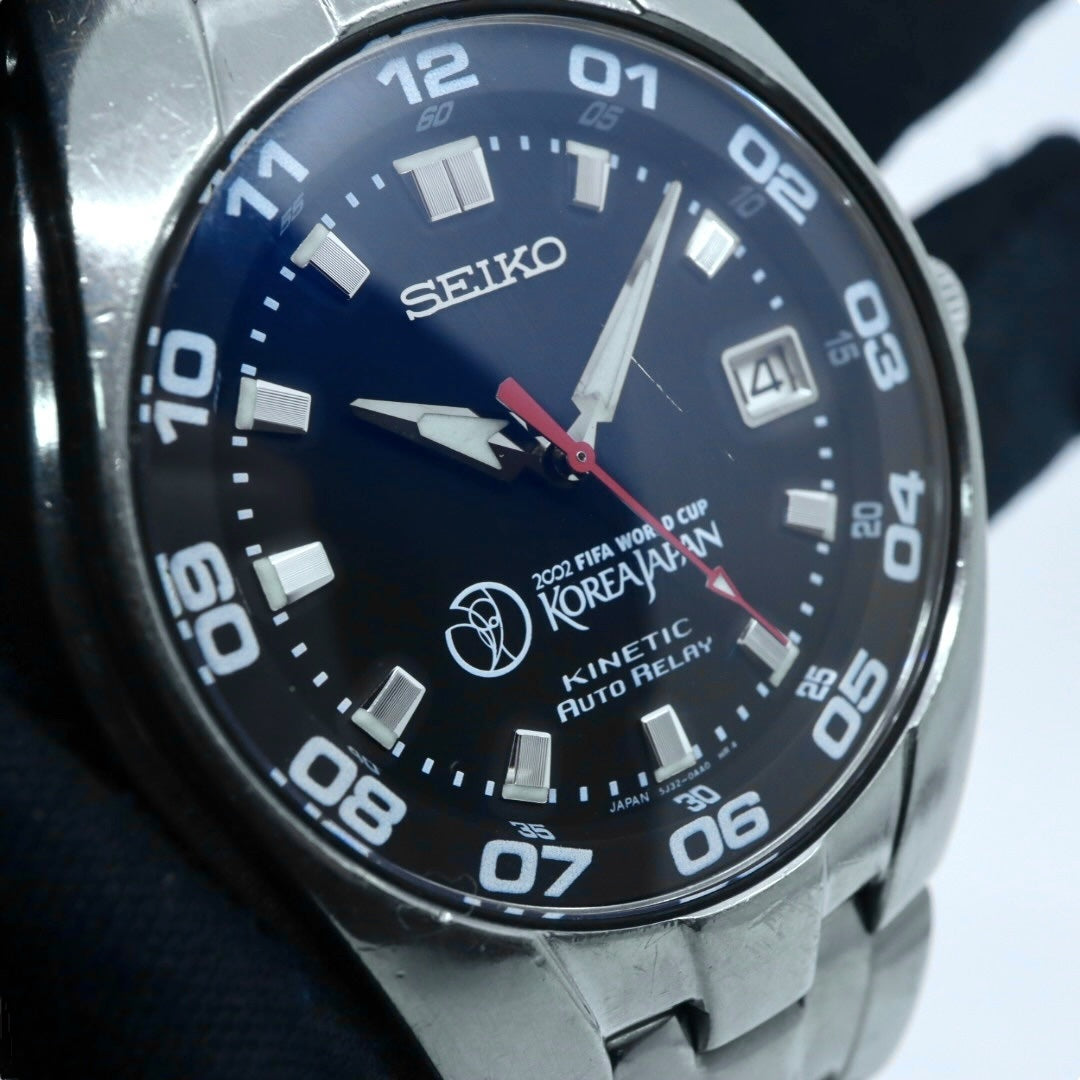 【稼働品】 SEIKO セイコー 腕時計 5J32-0AA0 2002 FIFAワールドカップ 日韓大会 限定モデル キネティック オートリレー チタン メンズ アナログ デイト ブラックダイヤル スポーツウォッチ ヴィンテージ 希少 クリーニング済み G4