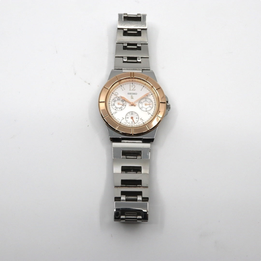 美品 【電池交換済】セイコー ルキア 腕時計 5Y89-0B30 レディース クオーツ デイデイト カレンダー 24時間計 シルバー ピンクゴールド コンビカラー ビジネス フォーマル ドレスウォッチ エレガント 上品 オフィス 日本製 クリーニング済み G2