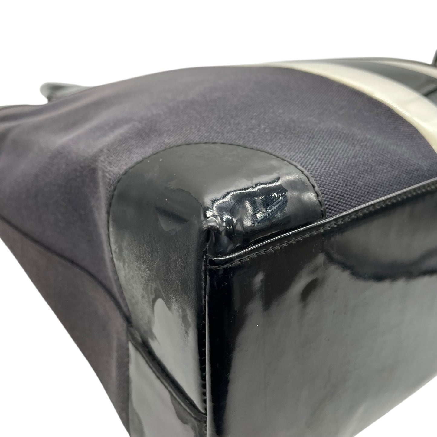 グッチ GUCCI トートバッグ ハンドバッグ ネイビー ブラック キャンバス パテントレザー 手提げ メンズ ゴールド金具 ストライプ E