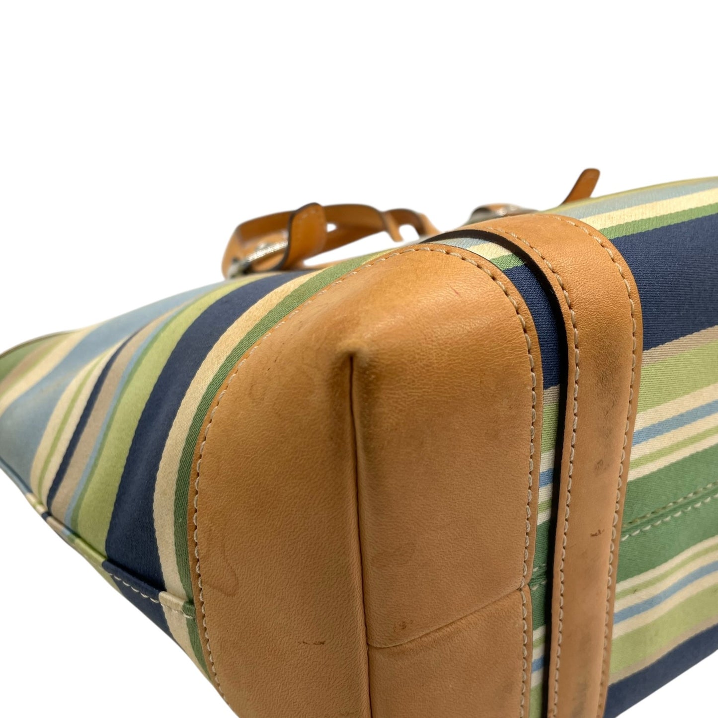 コーチ COACH ハンドバッグ ミニトート マルチストライプ ボーダー キャンバス レザー ロゴチャーム ファスナー開閉 ネイビー ブルー グリーン マルチカラー シルバー金具 手提げ レディース T1