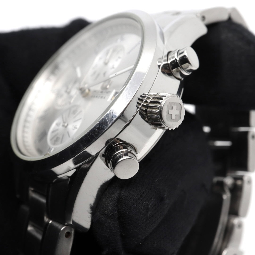 【電池交換済】スイスミリタリー ハノワ 腕時計 06-5219 クロノグラフ メンズ クオーツ シルバー文字盤 デイト表示 アナログ ローマンインデックス ビジネス カジュアル スポーツ エレガント スイス製 クリーニング済み G3