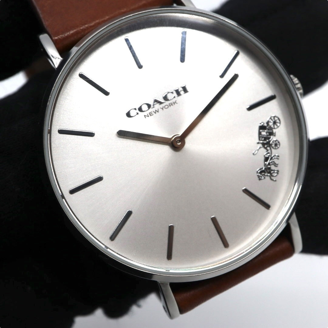 未使用級 美品 電池交換済 コーチ COACH ペリー PERRY 腕時計 CA.120.7.14.1596 レディースウォッチ クォーツ シルバー文字盤 ブラウン レザーベルト アナログ シンプル エレガント クラシック ビジネス 普段使い 稼働品 G3
