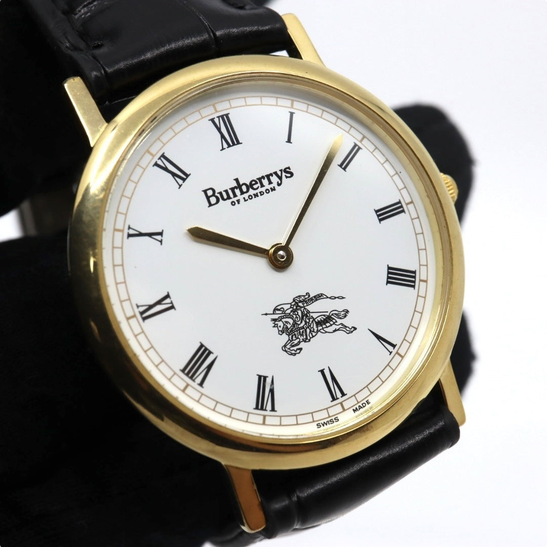 美品 電池交換済 新品ベルト バーバリー Burberrys 6000G 腕時計 メンズウォッチ クォーツ ゴールド ホワイト文字盤 ローマンインデックス ホースロゴ クラシック ヴィンテージ エレガント ドレスウォッチ 稼働品 G3