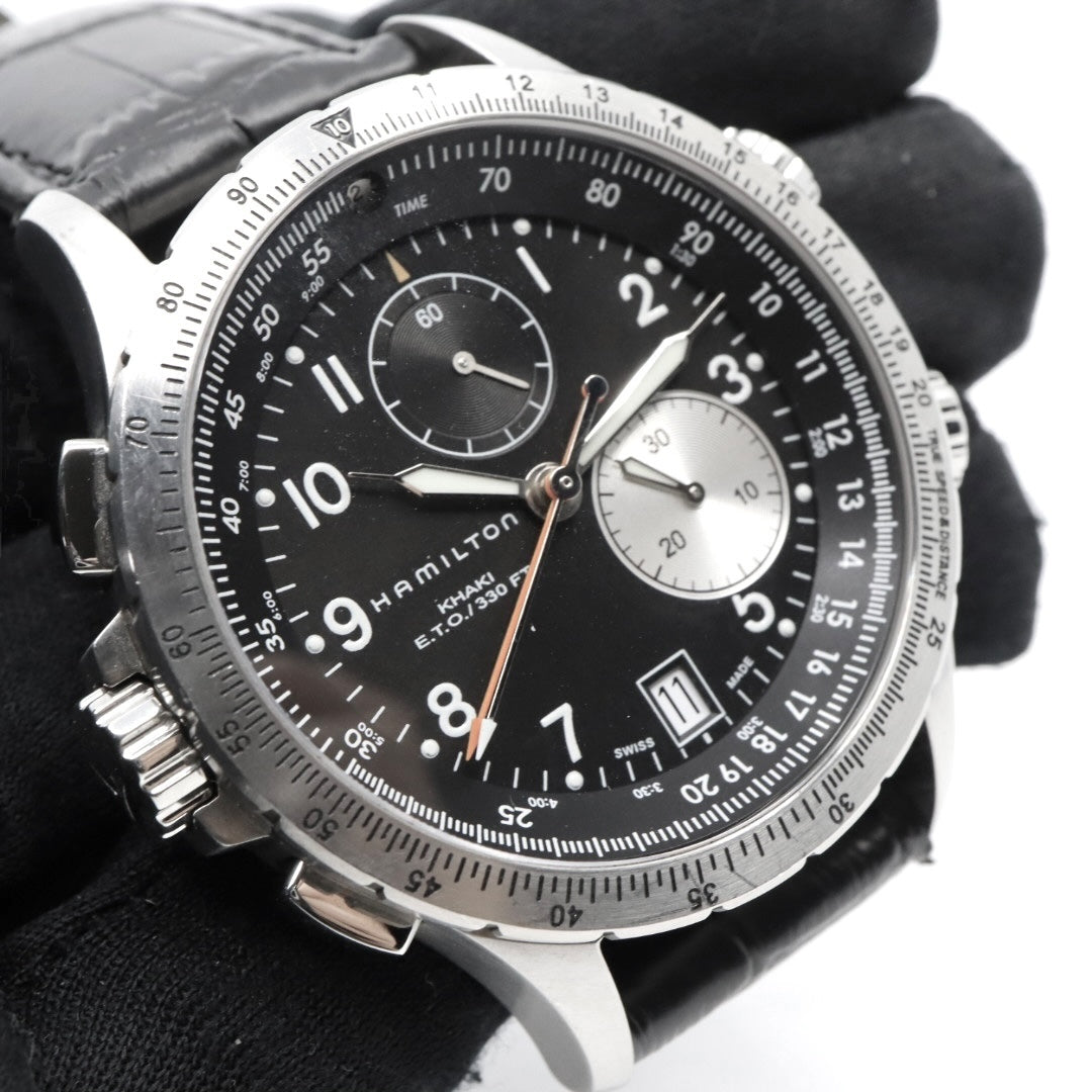 極美品 電池交換済 ハミルトン HAMILTON Estimate Time Over　カーキ E.T.O. H776120 腕時計 メンズ クロノグラフ クォーツ 黒文字盤 レザー アナログ アビエーション パイロットウォッチ スイス製 G3