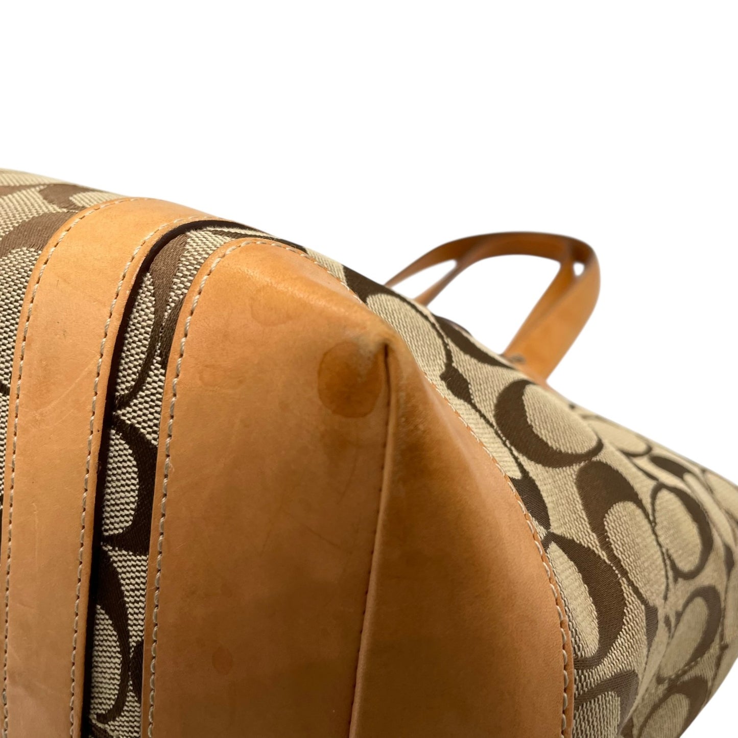 COACH コーチ シグネチャー キャンバス トートバッグ レザー 茶 ブラウン ベージュ シルバー金具 肩掛け可 ファスナー開閉 レディース S11